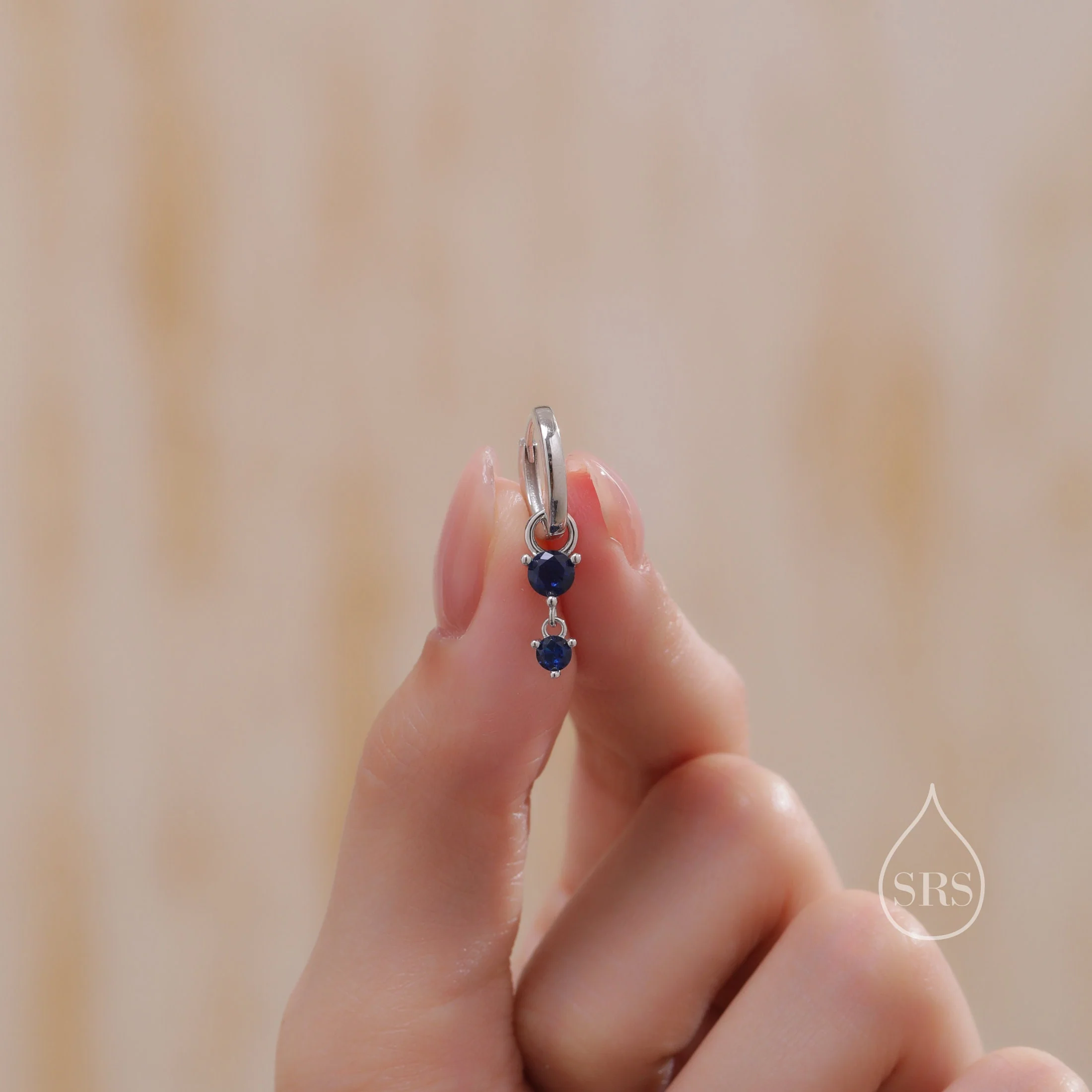 Double Sapphire Blue CZ Huggie Hoop Earrings in Sterling Silver, Silver or Gold, Detachable Charm Hoops, Geometric Hoop Earrings - Image 6