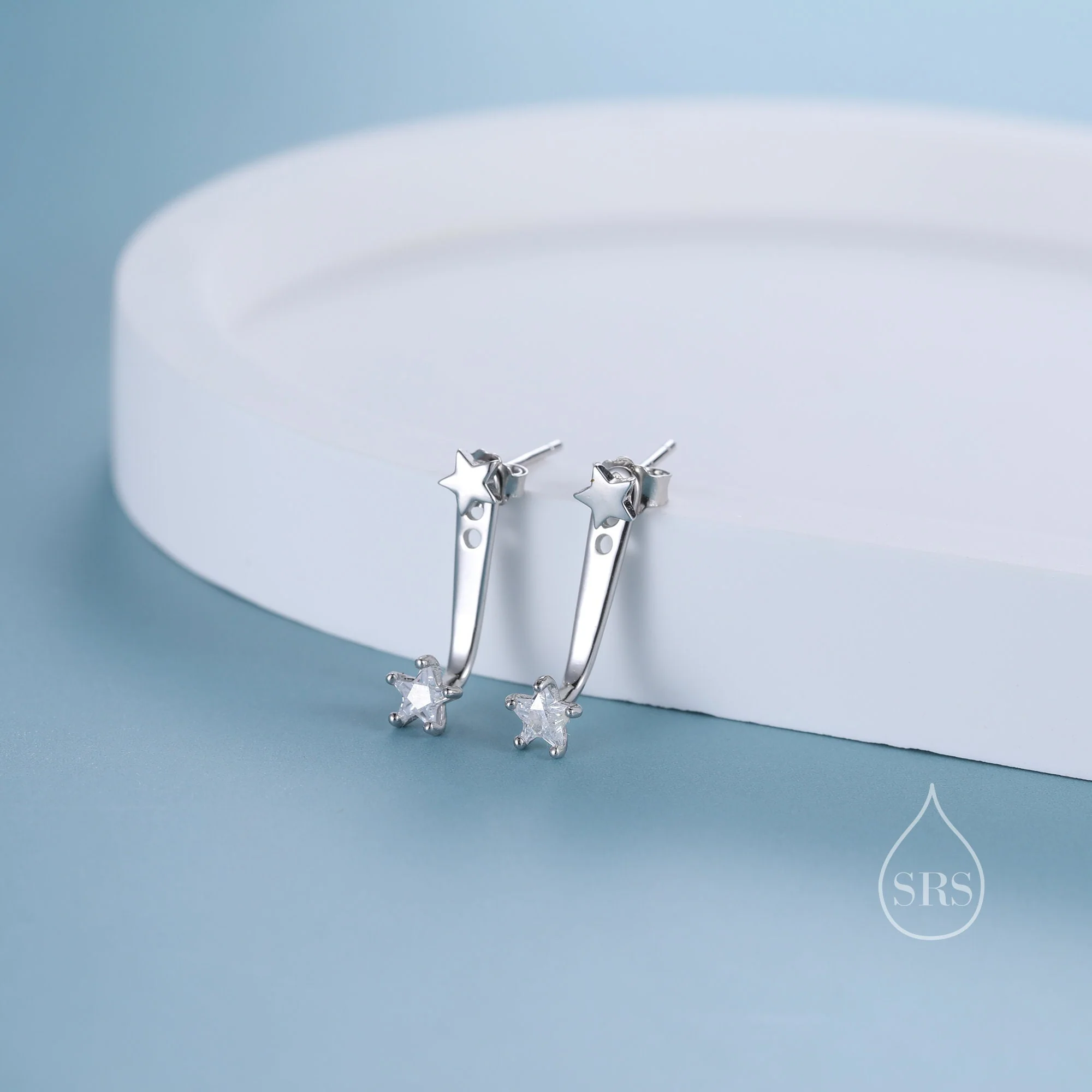 Double Star Ear Jacket in Sterling Silver, Two Star CZ Earrings in Sterling Silver, Silver, Gold or Rose Gold, Front and Back Earrings - Image 3