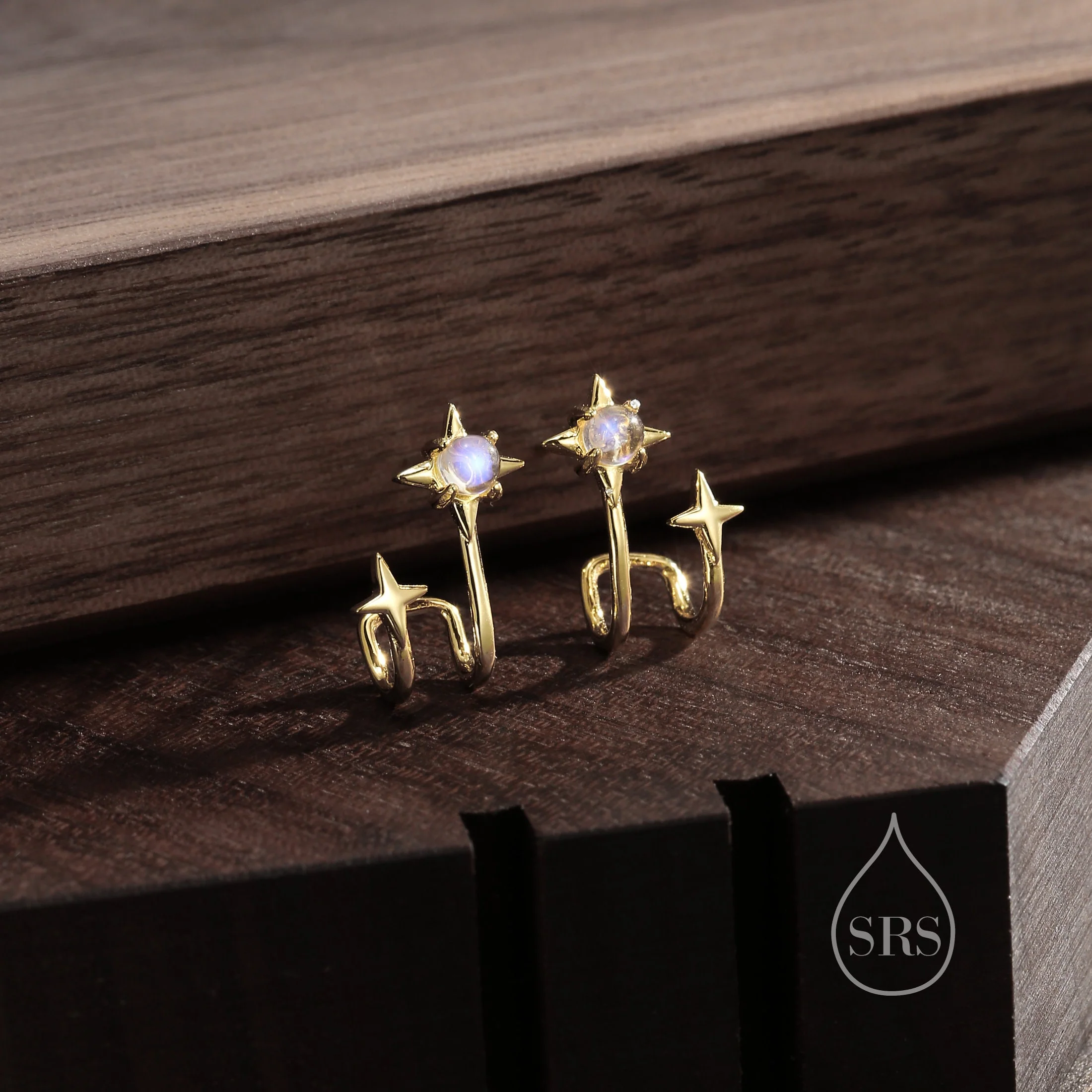 Double Star Stud Earrings in Sterling Silver, Single Piercing Starburst Earrings, Silver or Gold or Rose Gold, Double Layer North Star - Image 3