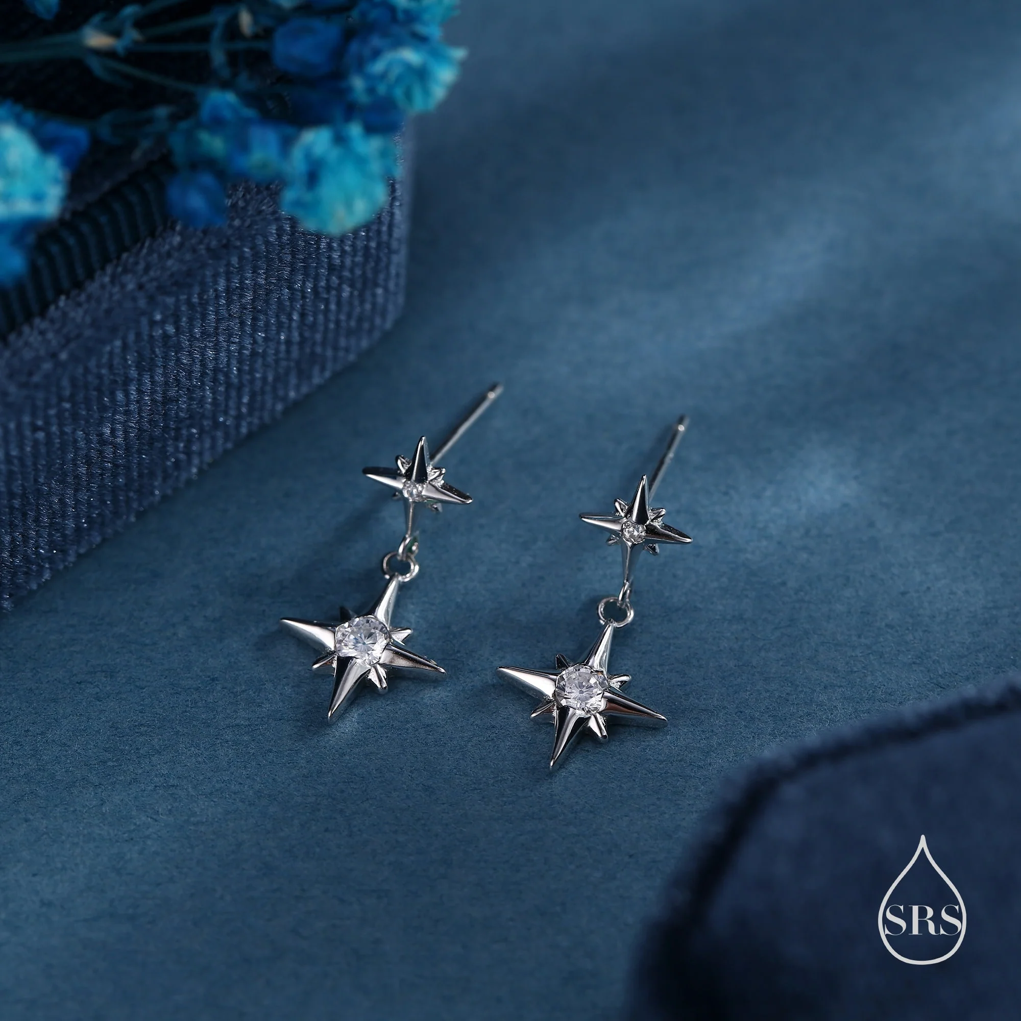 Double Starburst Drop Stud Earrings in Sterling Silver, Delicate North Star Earrings, Silver, Gold or Rose Gold, Star Earrings - Image 4
