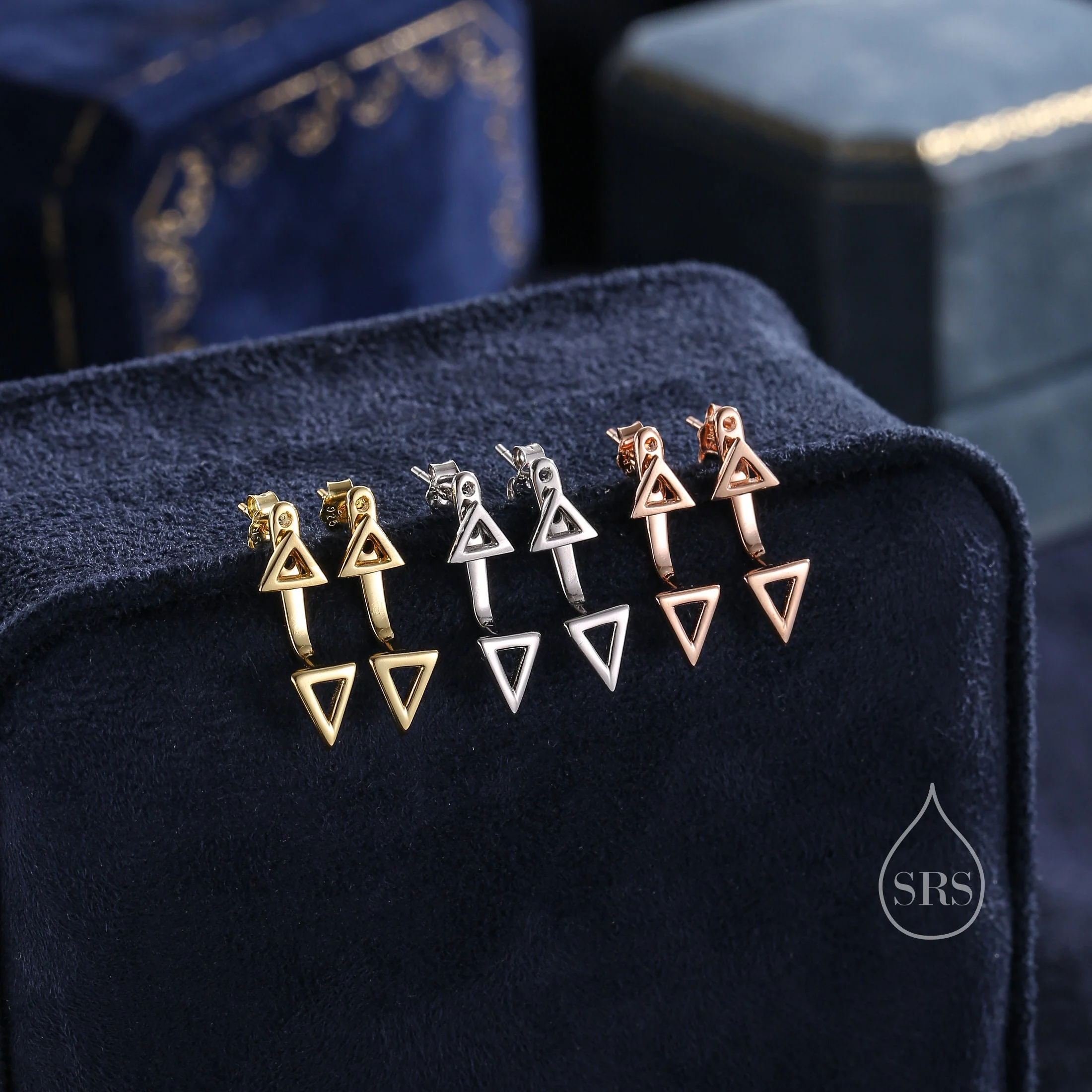 Double Triangle Ear Jacket in Sterling Silver, Silver or Gold or Rose Gold, Cut Out Triangle Jacket Earrings, Front and Back Earrings - Image 5