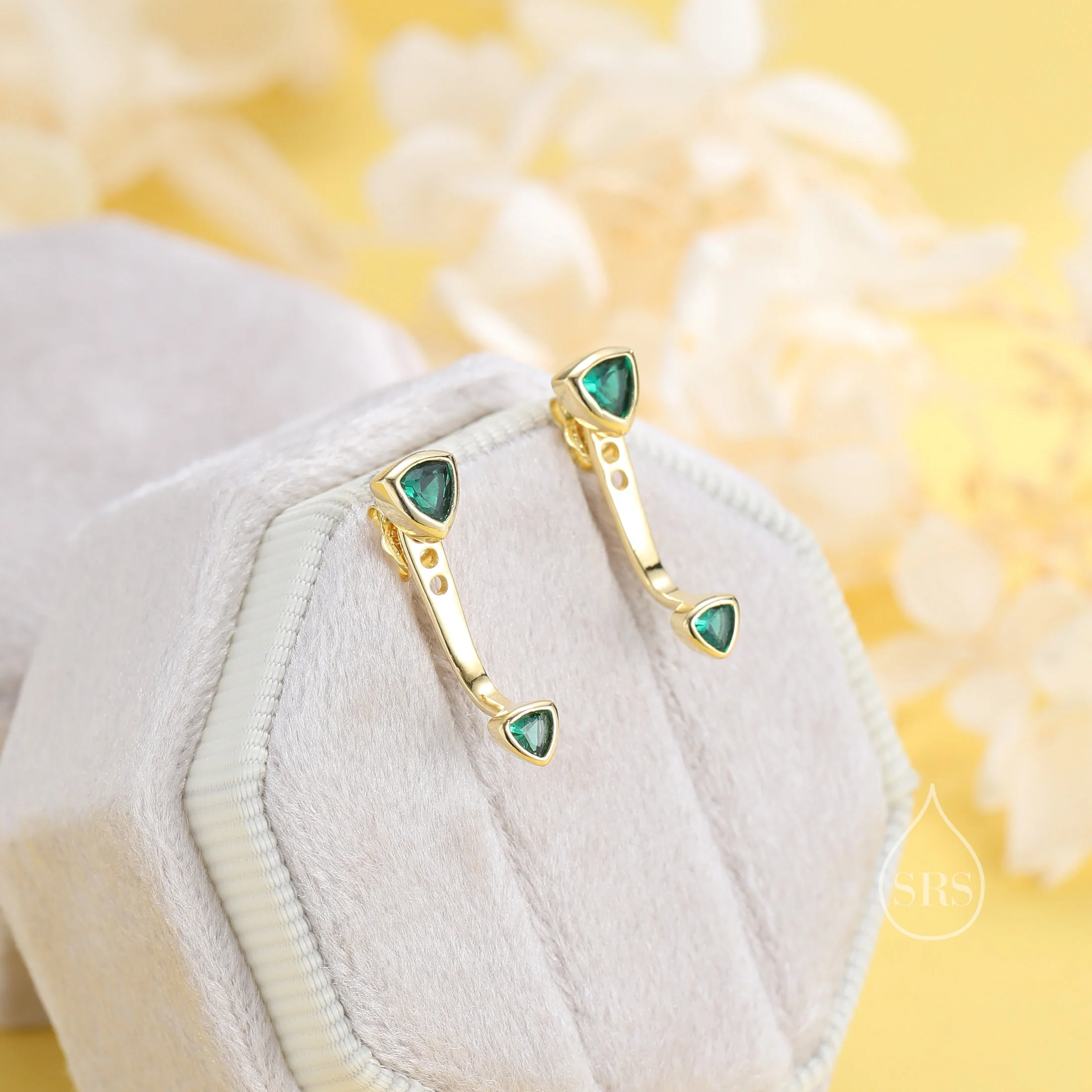 Double Trillion Cut CZ Ear Jacket in Sterling Silver, Silver or Gold, Available in Black, Green, Clear CZ, Front and Back Earrings - Image 5