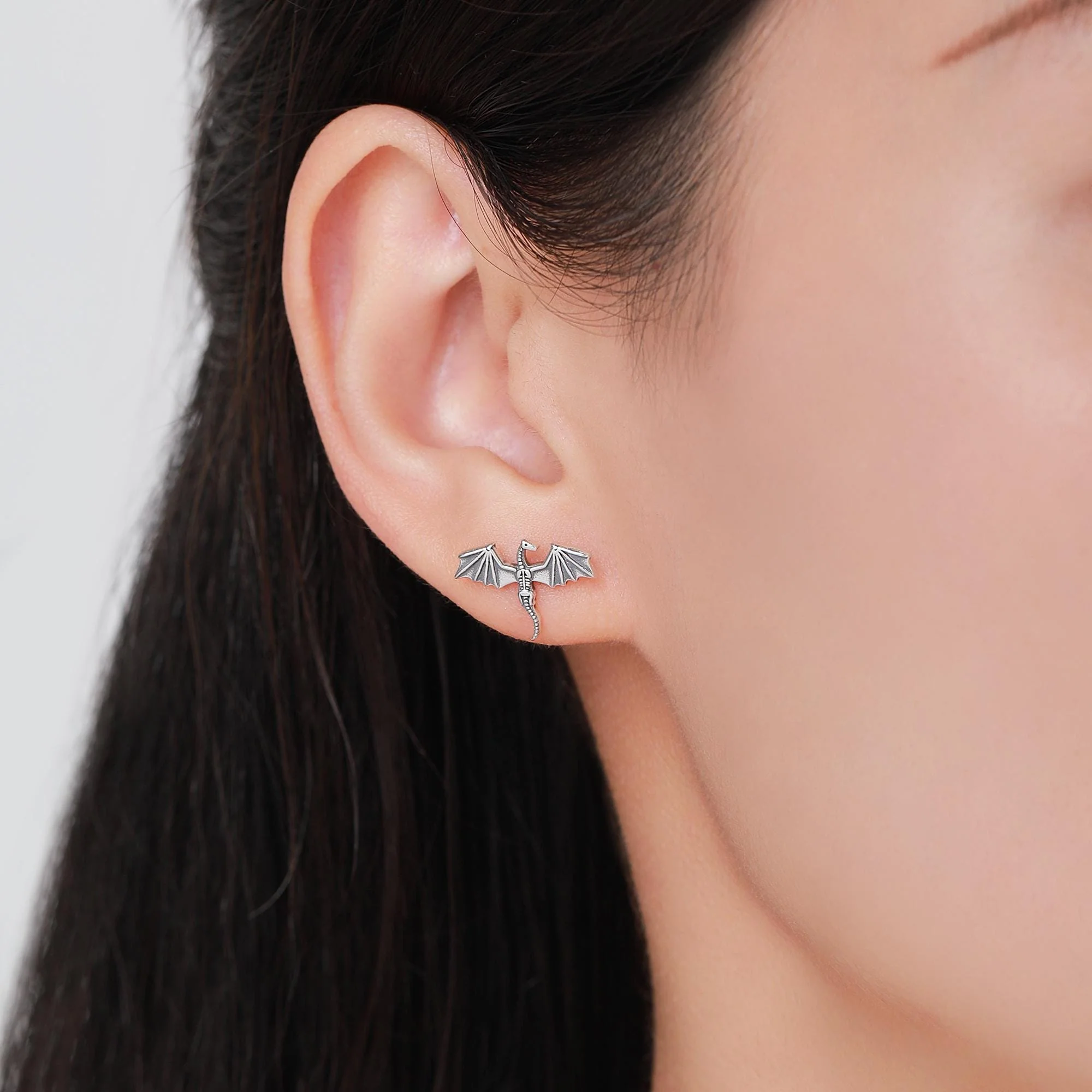 Dragon Skeleton Stud Earrings in Sterling Silver, Oxidised Finish Dragon Skeleton Earrings, Dainty and Tiny Earrings - Image 7