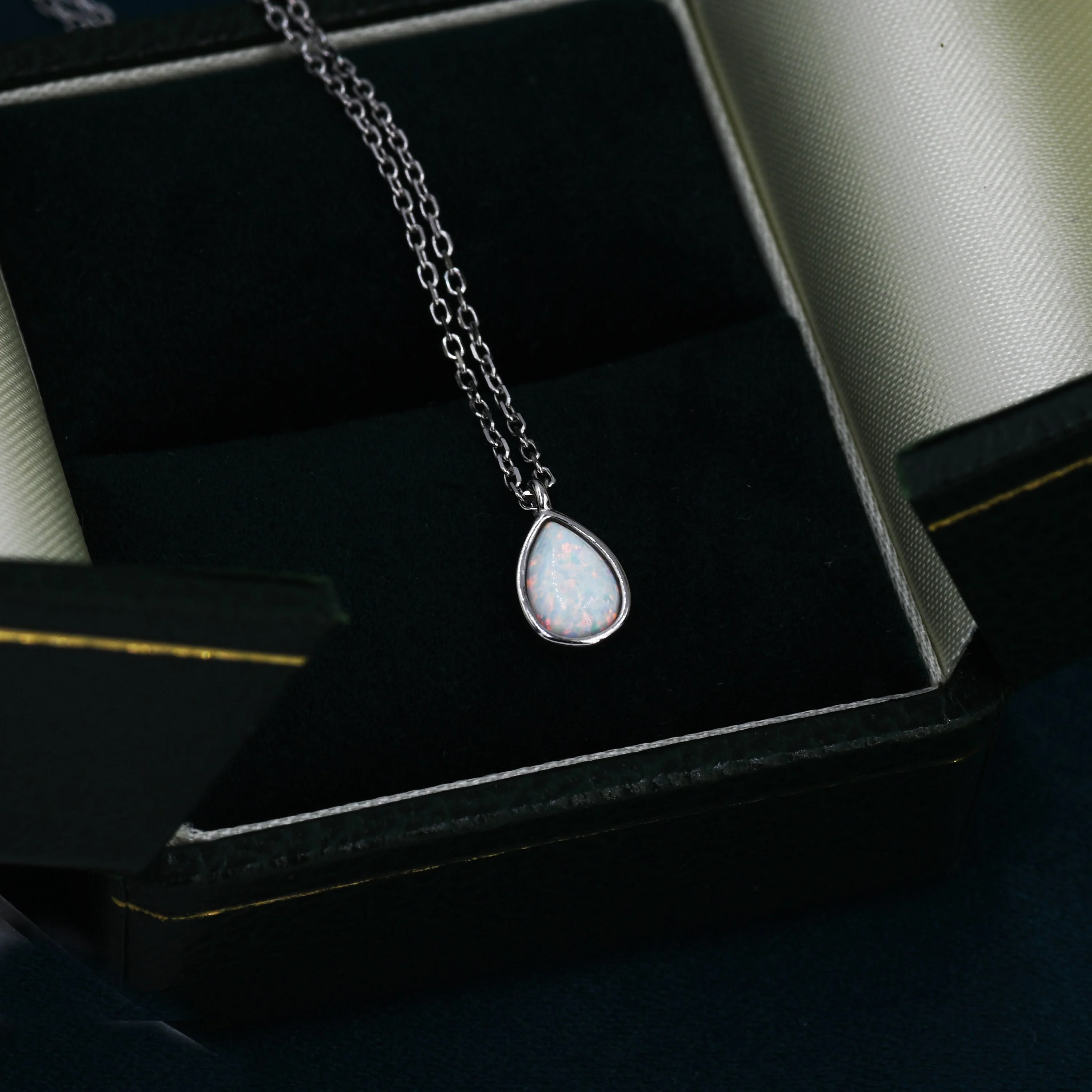 Droplet White Opal Pendant Necklace in Sterling Silver, Lab Opal Necklace,  Pear Shape Opal Necklace, Fire Opal Necklace - Image 2