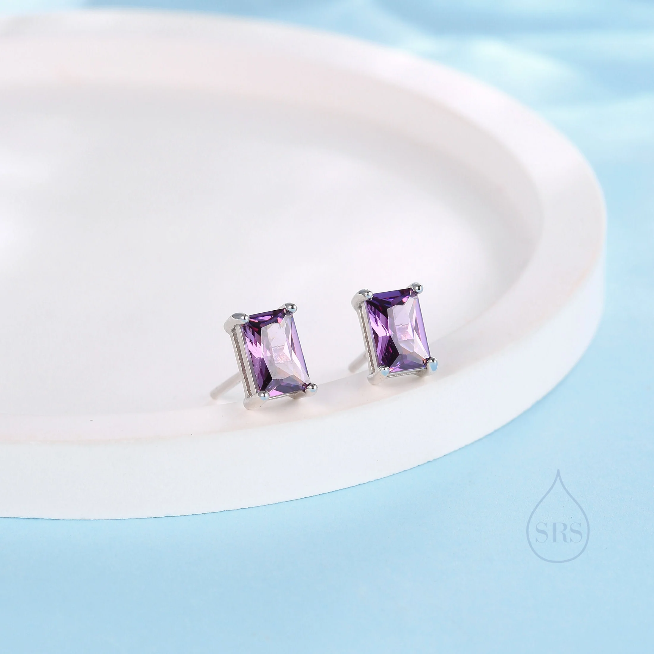 Emerald Cut Amethyst Purple CZ Stud Earrings in Sterling Silver, Rectangular Cut Crystal Earrings, February Birthstone - Image 2