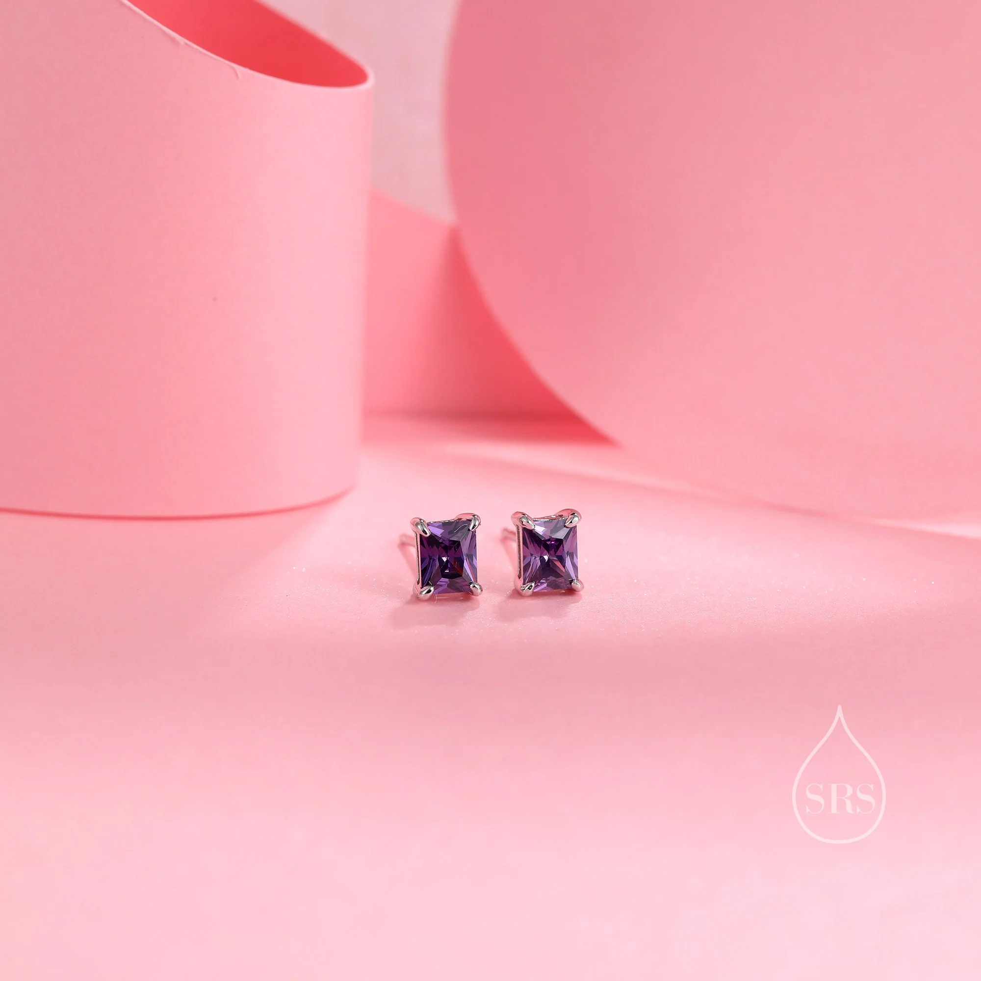 Emerald Cut Amethyst Purple CZ Stud Earrings in Sterling Silver,  Silver or Gold, Square Cut Crystal Earrings, February Birthstone - Image 4