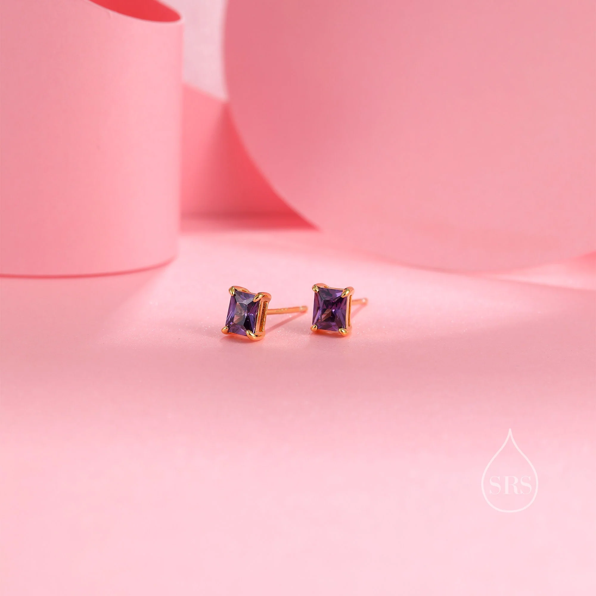 Emerald Cut Amethyst Purple CZ Stud Earrings in Sterling Silver,  Silver or Gold, Square Cut Crystal Earrings, February Birthstone - Image 5