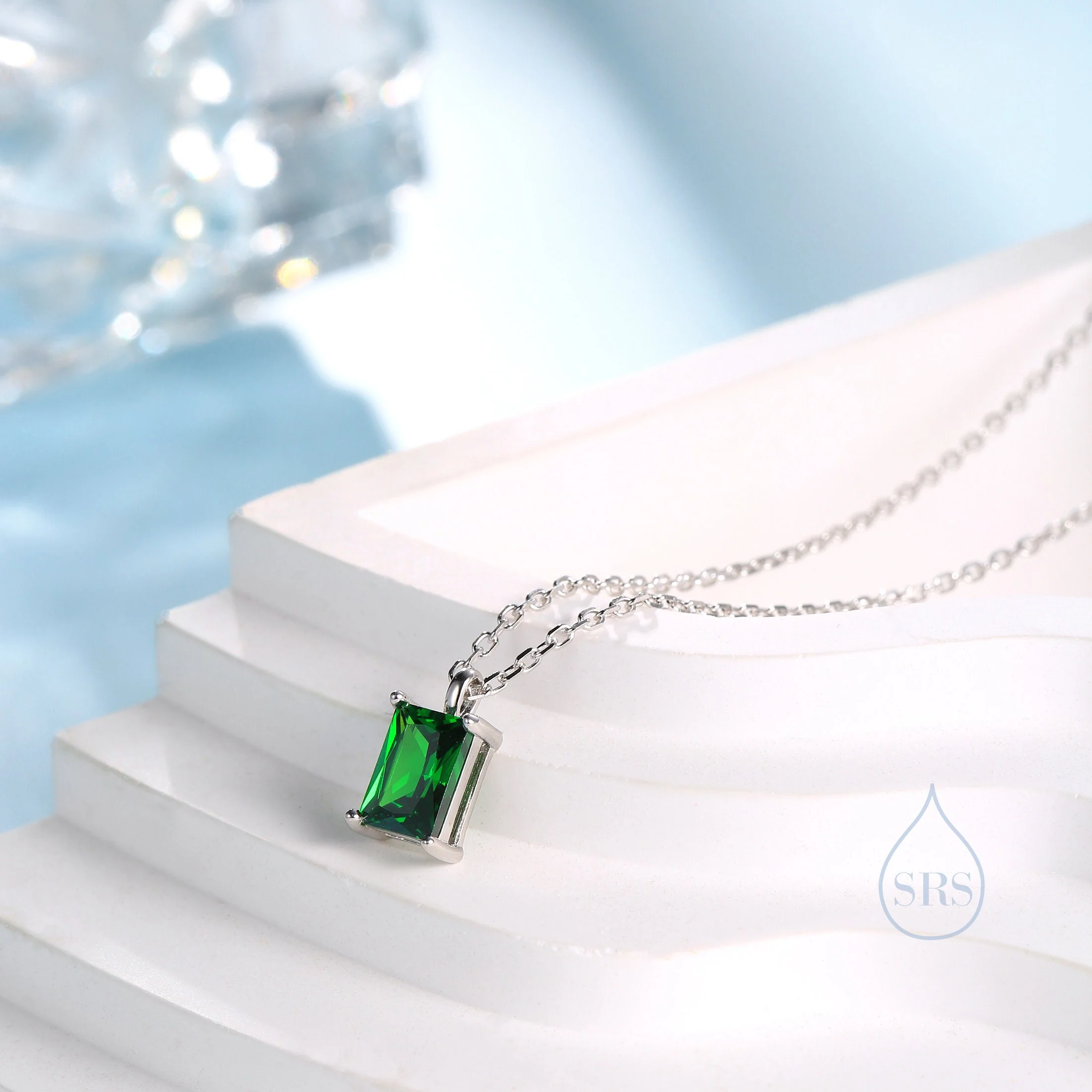 Emerald Cut Emerald Green CZ Pendant Necklace in Sterling Silver, Rectangular Cut Crystal Earrings, Green CZ Necklace - Image 2