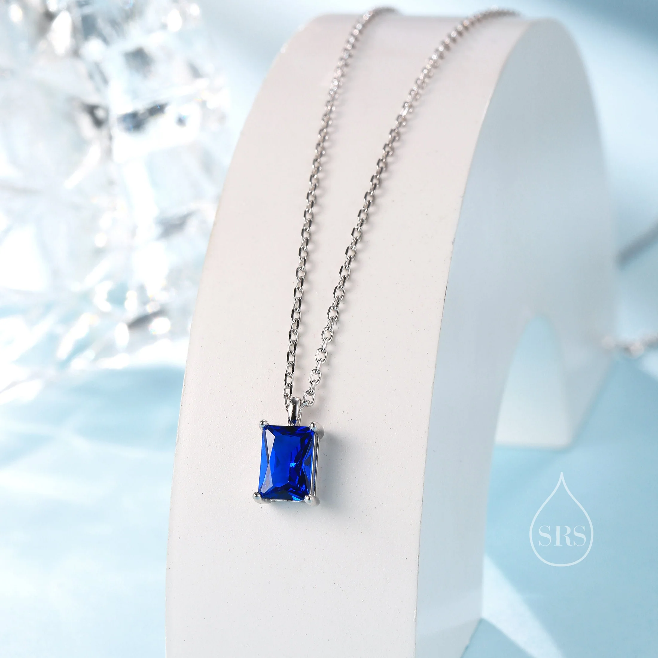 Emerald Cut Sapphire Blue CZ Pendant Necklace  in Sterling Silver,  Rectangular Cut Crystal Earrings, Blue CZ Necklace - Image 2