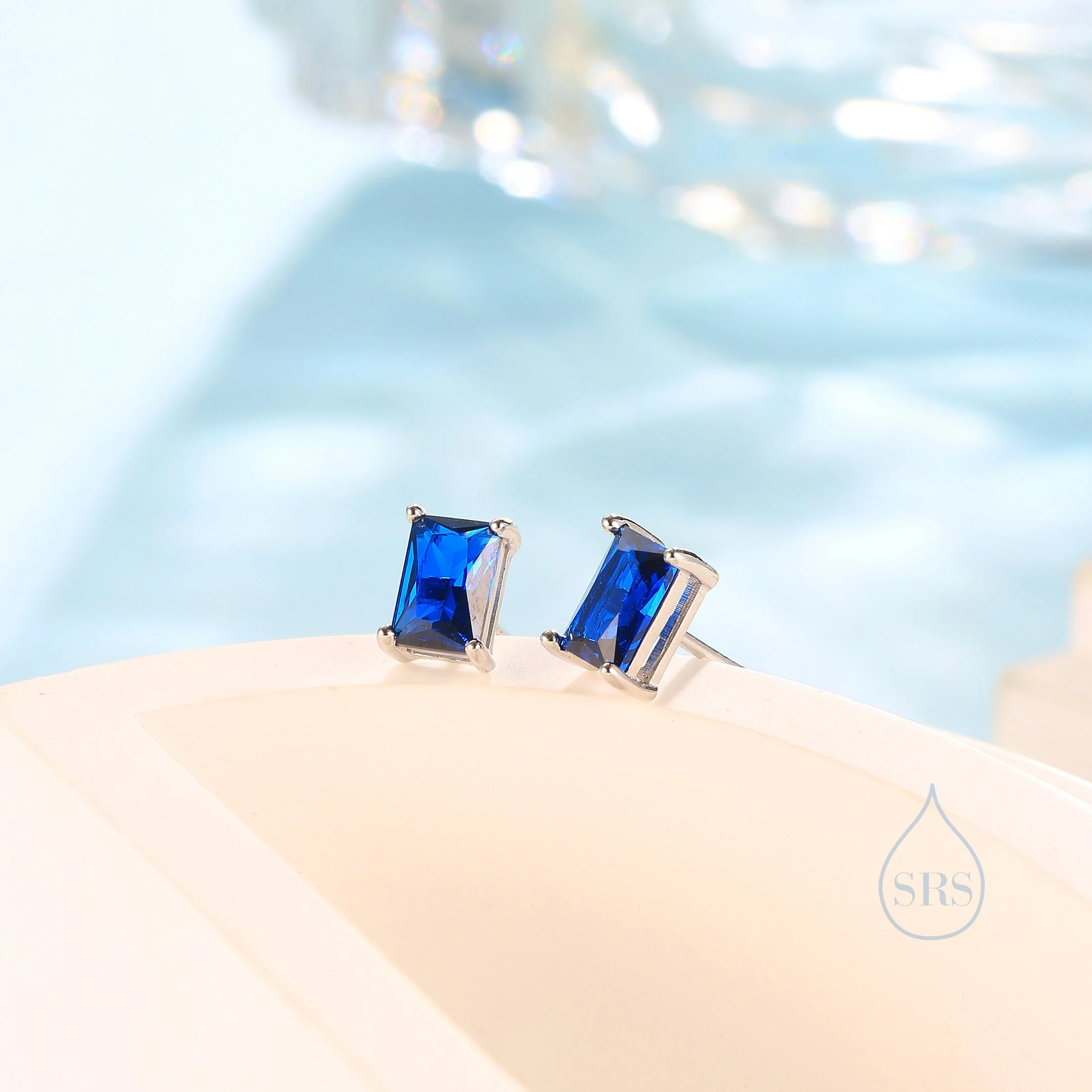 Emerald Cut Sapphire Blue CZ Stud Earrings in Sterling Silver, Rectangular Cut Crystal Earrings, September Birthstone - Image 3