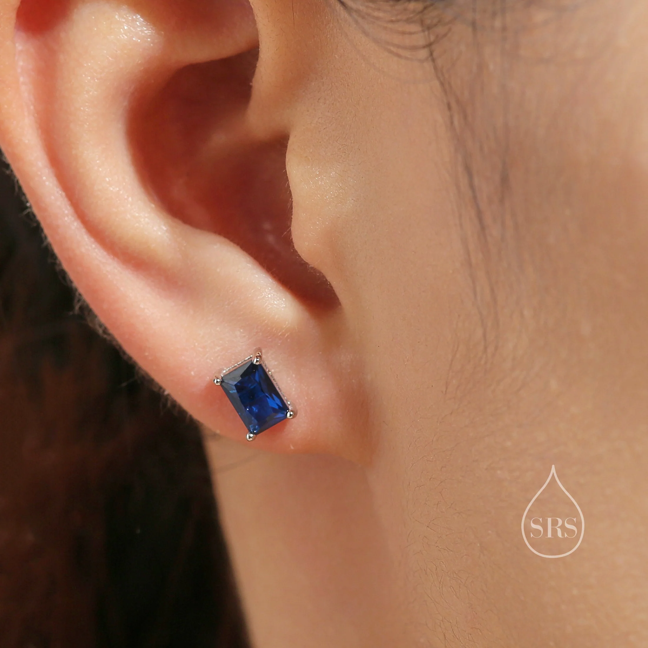 Emerald Cut Sapphire Blue CZ Stud Earrings in Sterling Silver, Rectangular Cut Crystal Earrings, September Birthstone - Image 6
