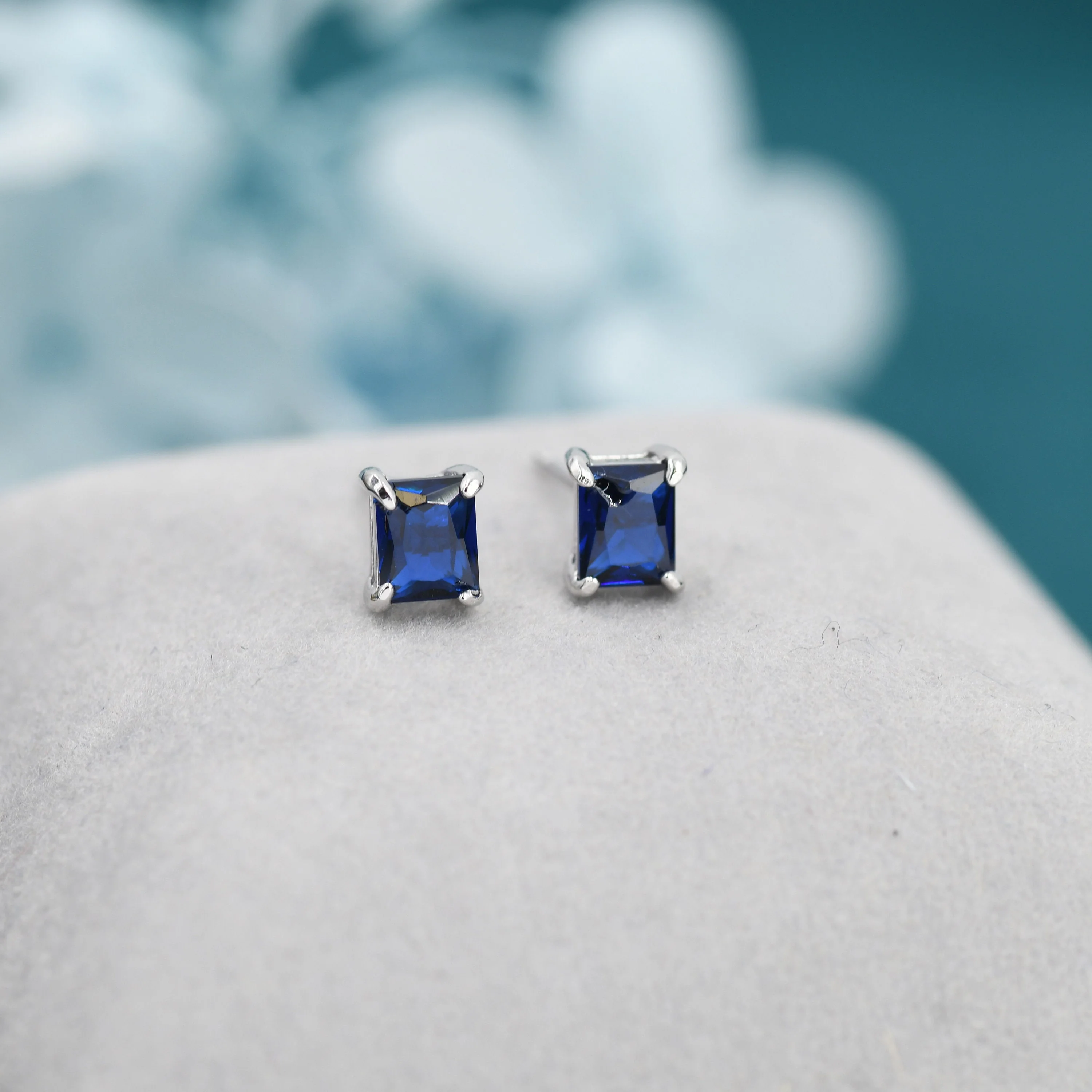 Emerald Cut Sapphire Blue CZ Stud Earrings in Sterling Silver, Silver or Gold, Square Cut Crystal Earrings, September Birthstone
