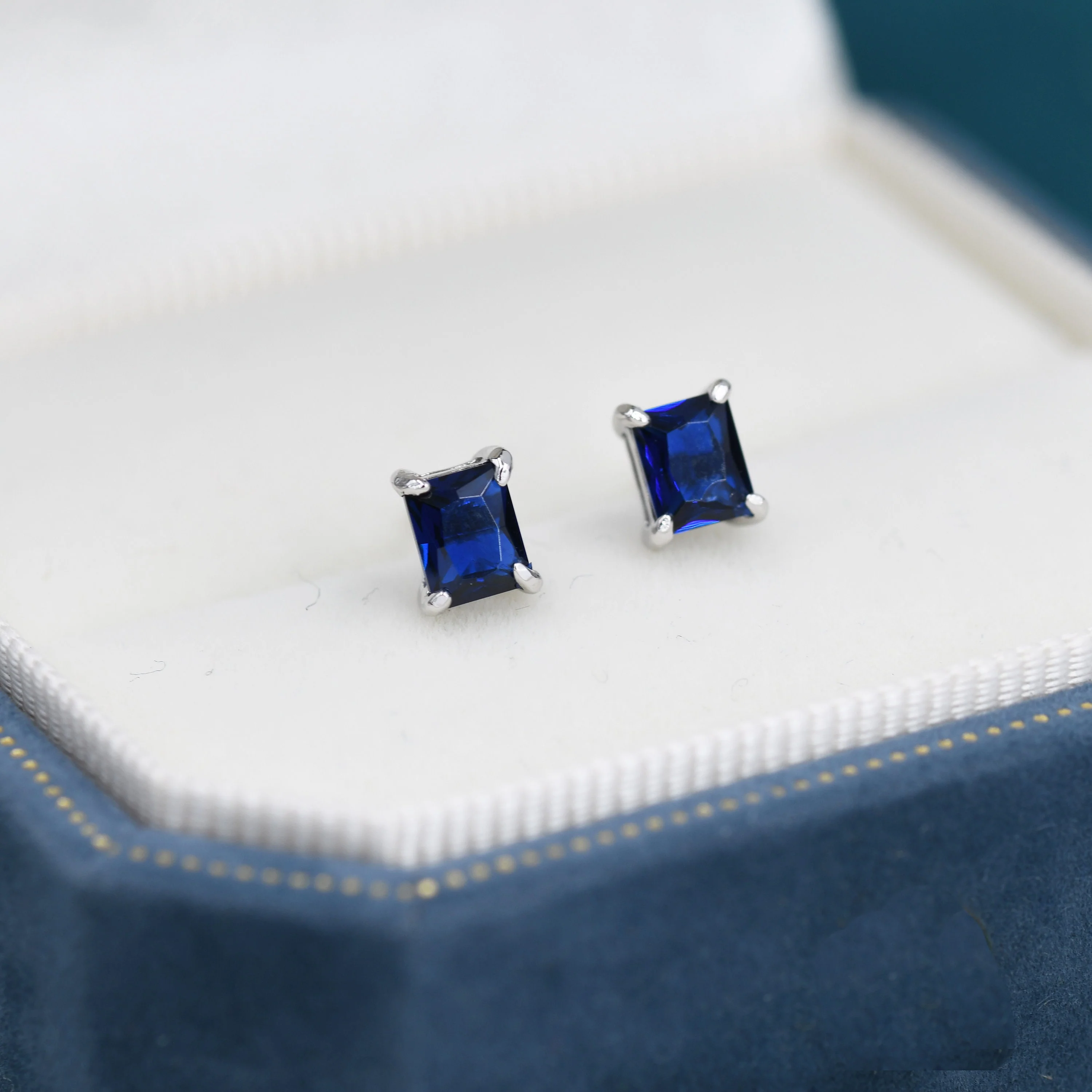 Emerald Cut Sapphire Blue CZ Stud Earrings in Sterling Silver, Silver or Gold, Square Cut Crystal Earrings, September Birthstone - Image 2