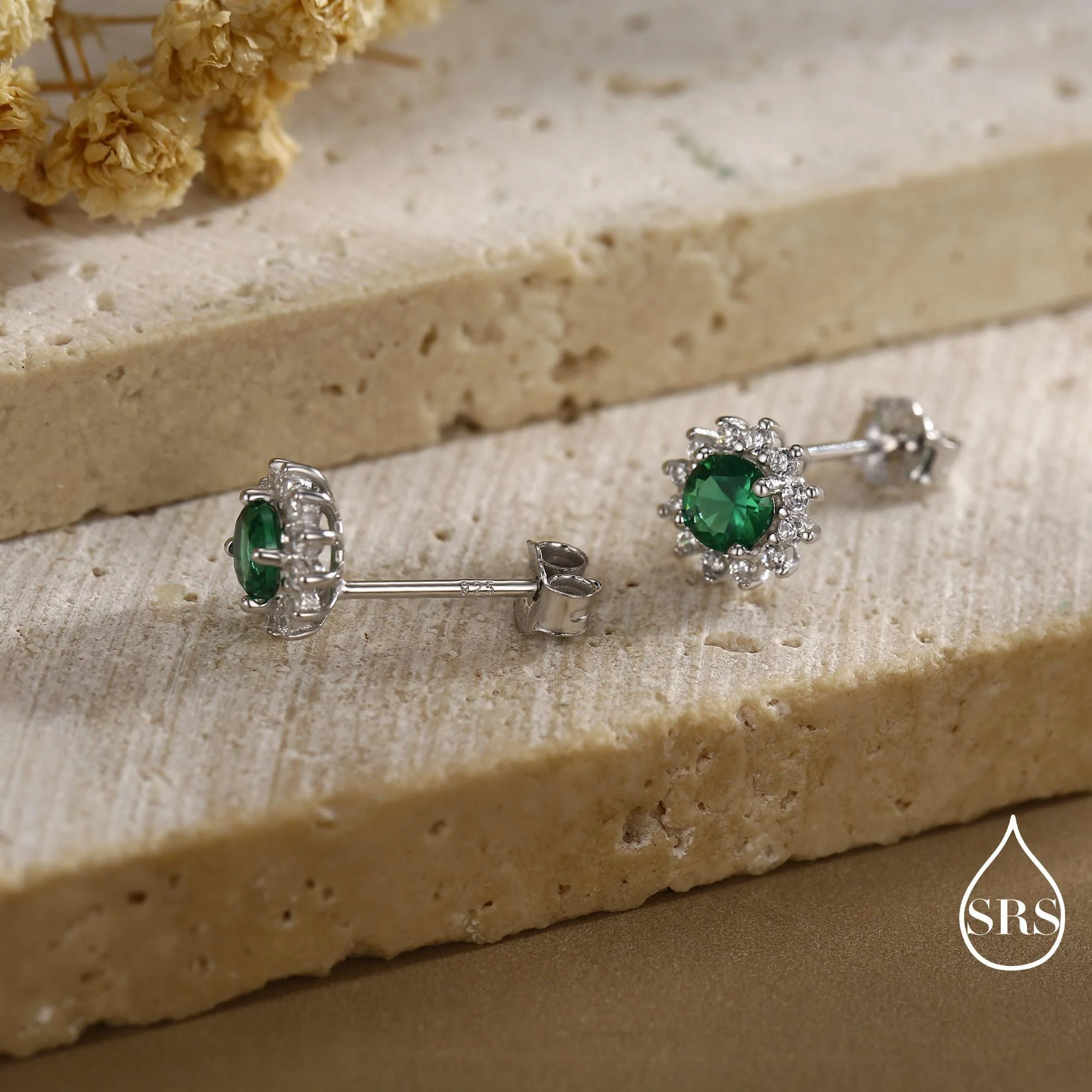 Emerald Flower Stud Earrings in Sterling Silver, Gold or Silver, Simulated Emerald Green CZ Earrings, Green CZ Flower Earrings - Image 3