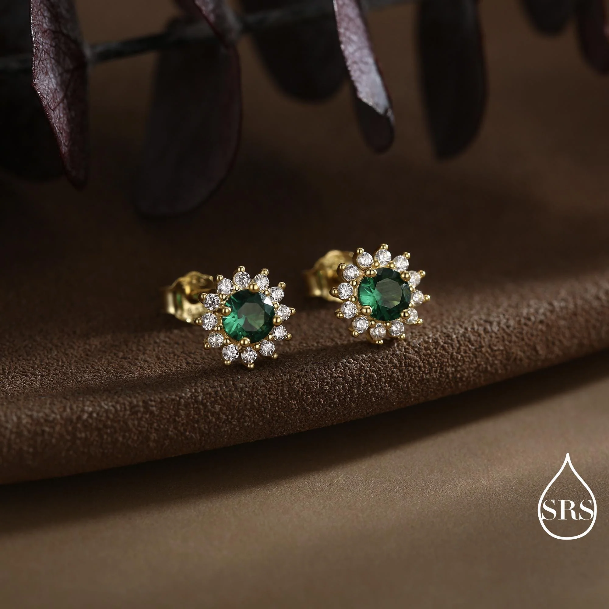 Emerald Flower Stud Earrings in Sterling Silver, Gold or Silver, Simulated Emerald Green CZ Earrings, Green CZ Flower Earrings - Image 4