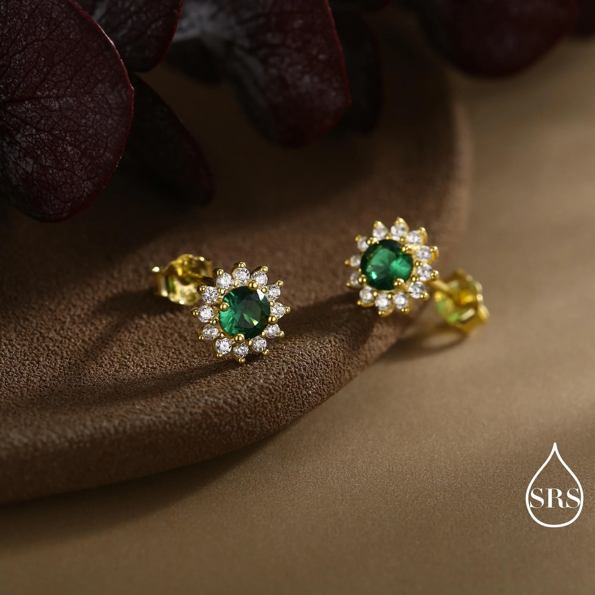 Emerald Flower Stud Earrings in Sterling Silver, Gold or Silver, Simulated Emerald Green CZ Earrings, Green CZ Flower Earrings - Image 5