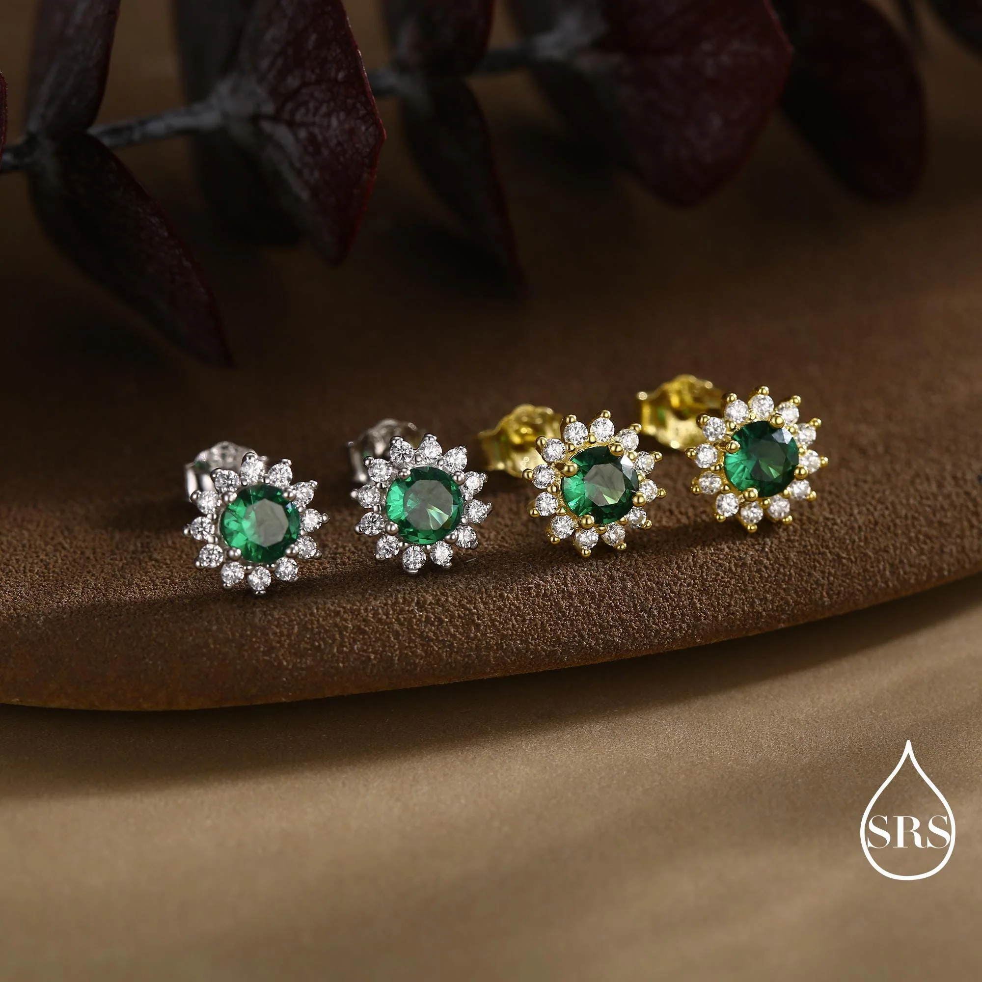 Emerald Flower Stud Earrings in Sterling Silver, Gold or Silver, Simulated Emerald Green CZ Earrings, Green CZ Flower Earrings - Image 6