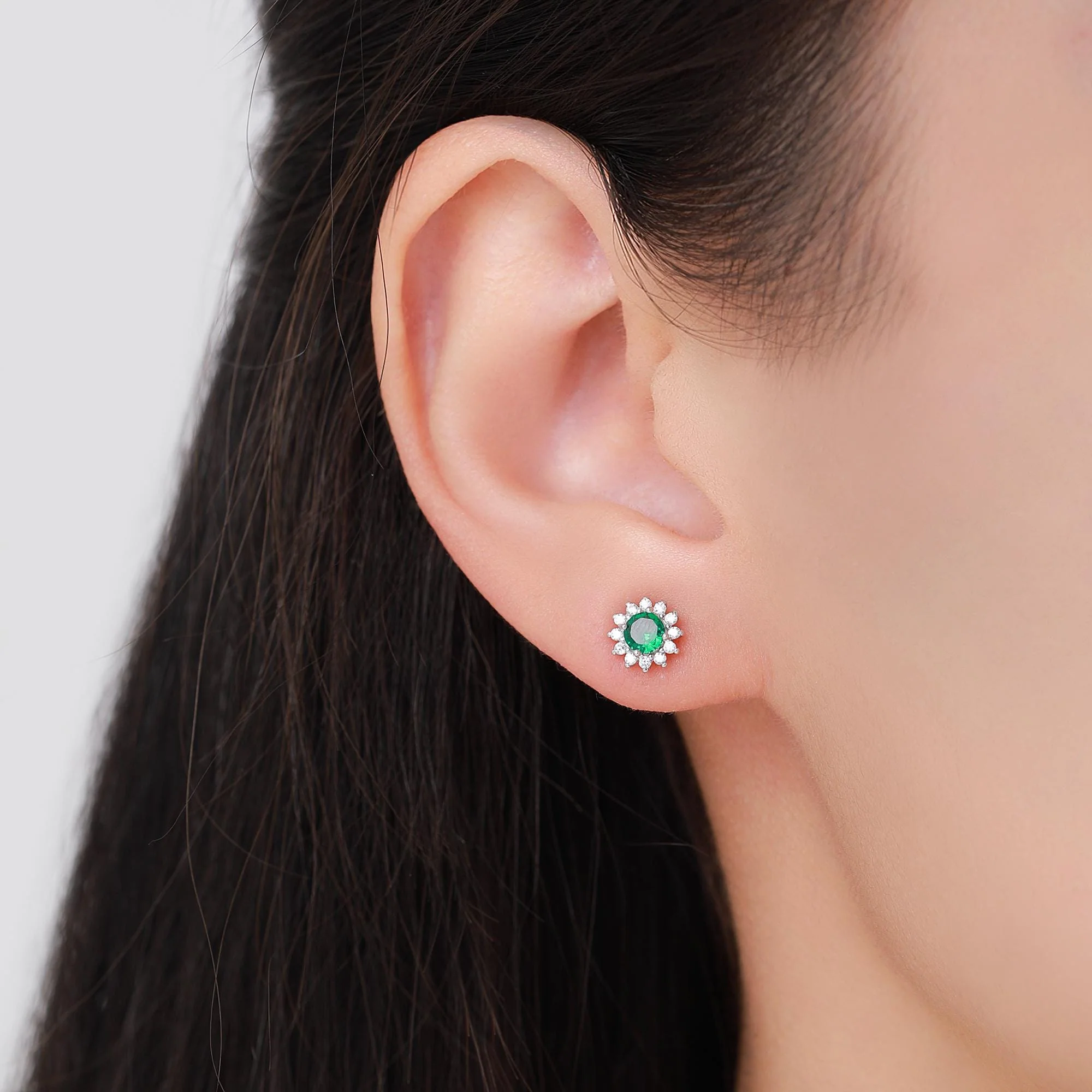 Emerald Flower Stud Earrings in Sterling Silver, Gold or Silver, Simulated Emerald Green CZ Earrings, Green CZ Flower Earrings - Image 7