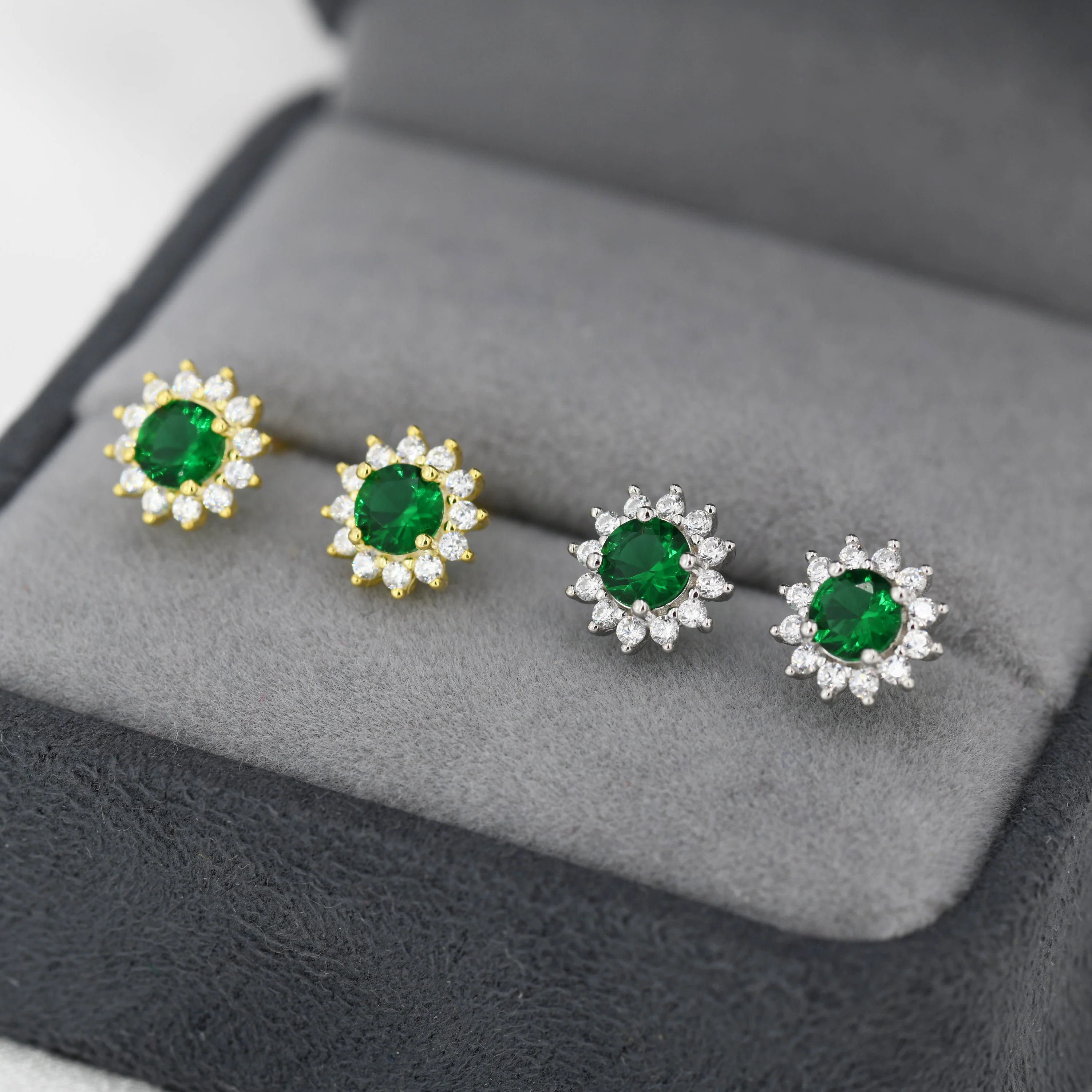 Emerald Flower Stud Earrings in Sterling Silver, Gold or Silver, Simulated Emerald Green CZ Earrings, Green CZ Flower Earrings - Image 9