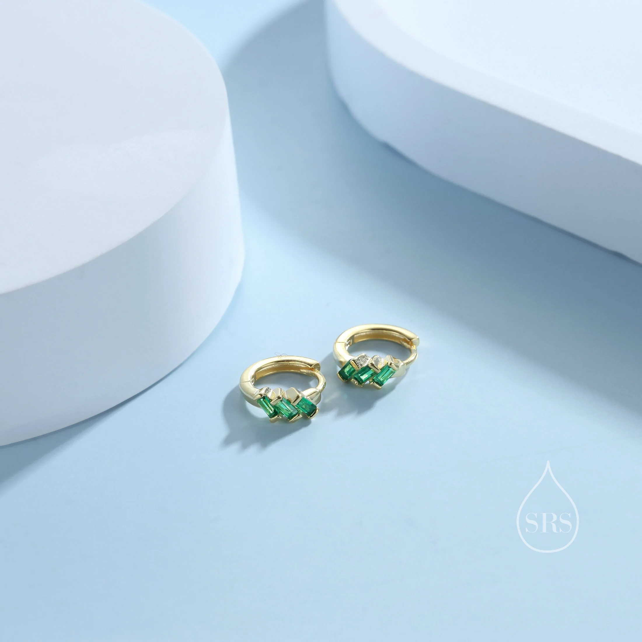 Emerald Green Baguette CZ Cluster Huggie Hoop in Sterling Silver, Silver or Gold, Geometric Hoop Earrings - Image 4