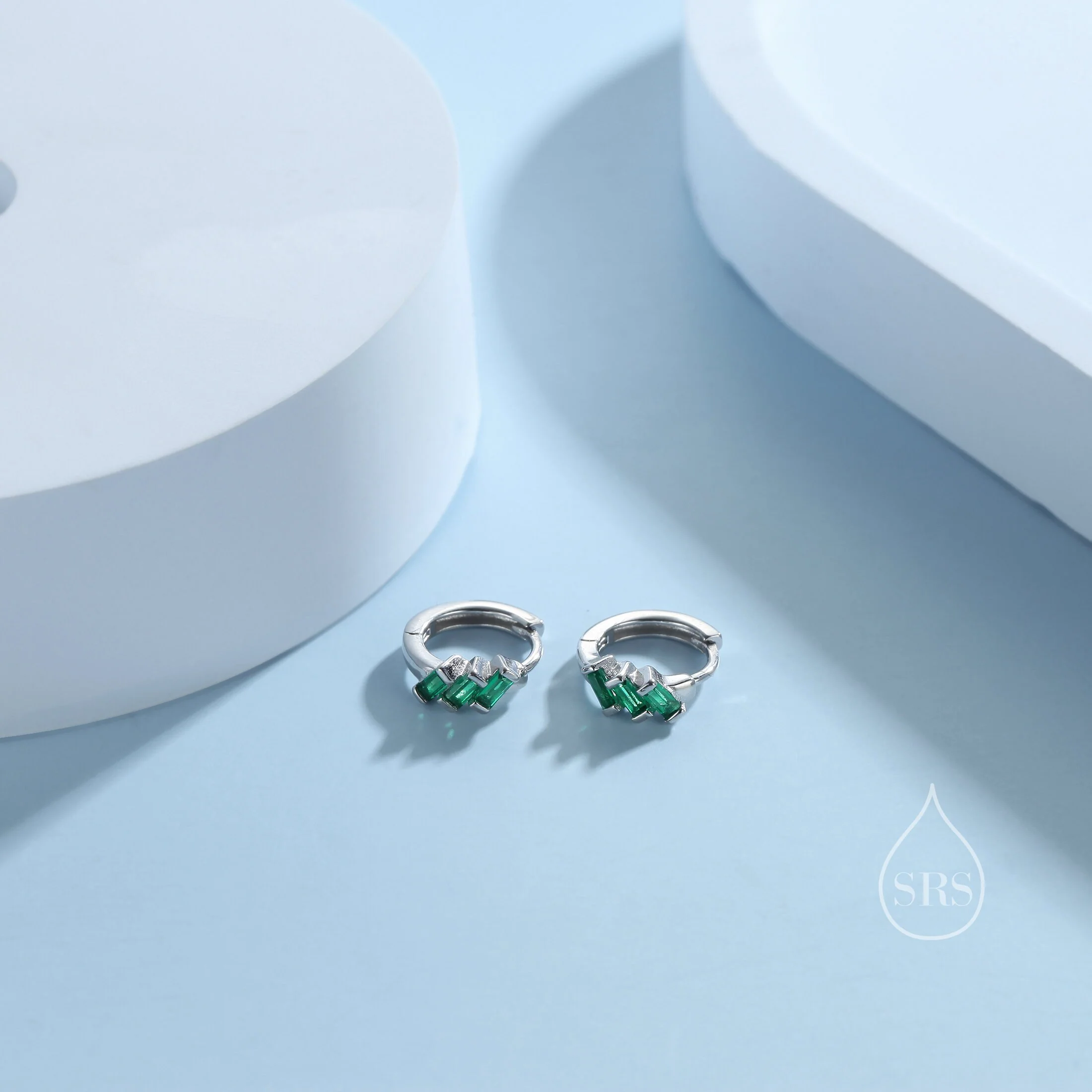 Emerald Green Baguette CZ Cluster Huggie Hoop in Sterling Silver, Silver or Gold, Geometric Hoop Earrings - Image 5