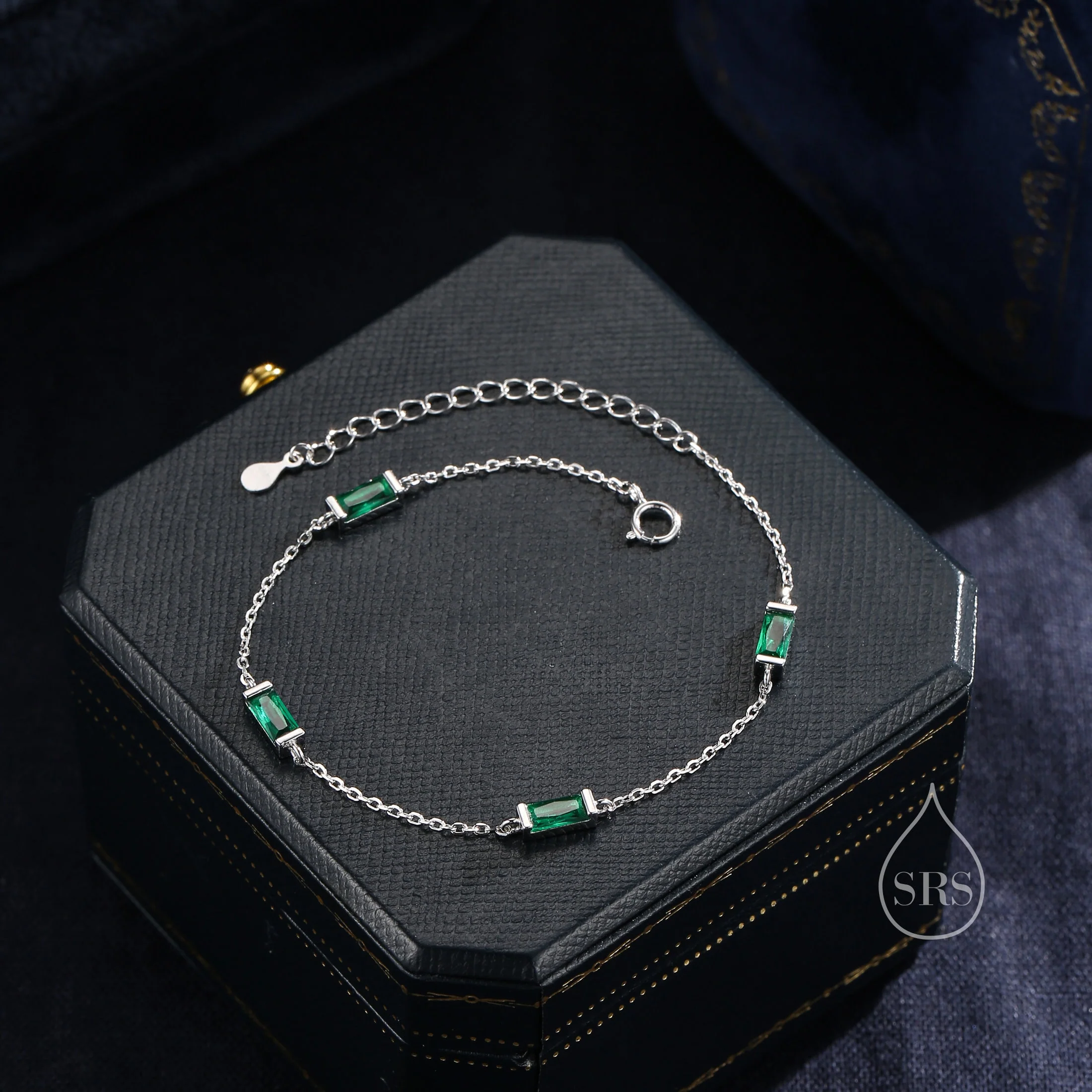 Emerald Green Baguette CZ Satellite Bracelet in Sterling Silver, Silver or Gold, Baguette CZ Bracelet, Chain Bracelet, Delicate CZ Bracelet - Image 2
