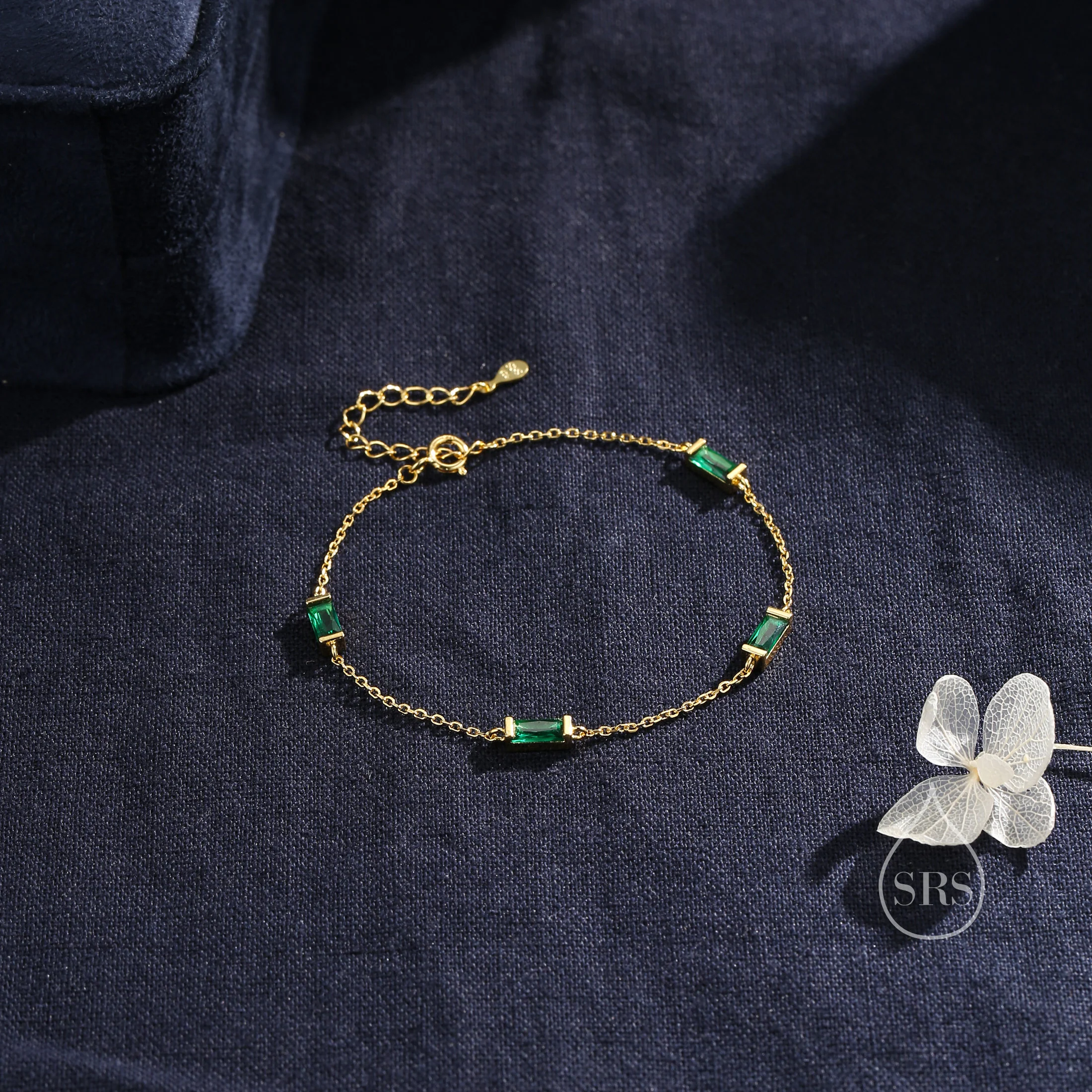 Emerald Green Baguette CZ Satellite Bracelet in Sterling Silver, Silver or Gold, Baguette CZ Bracelet, Chain Bracelet, Delicate CZ Bracelet - Image 4