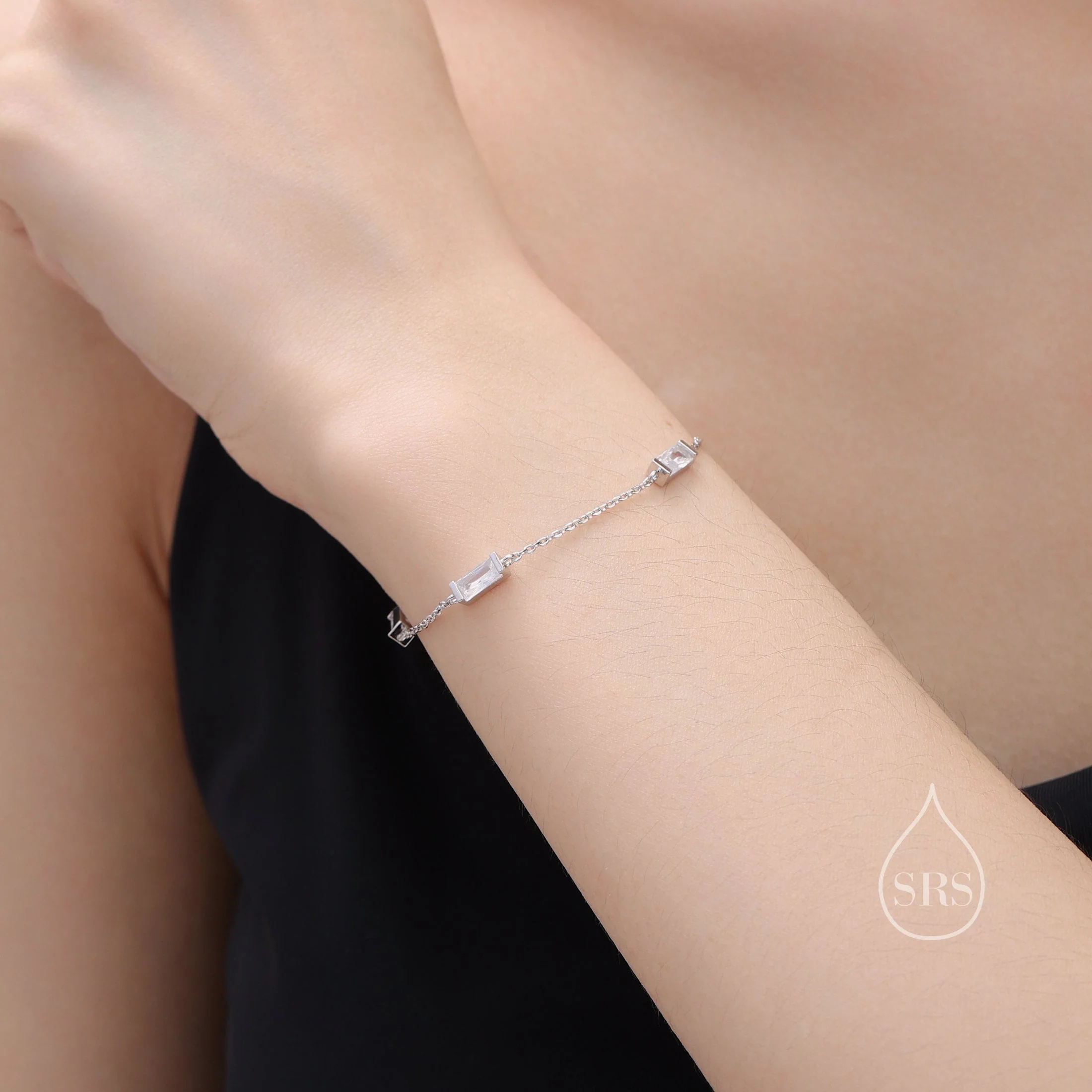 Emerald Green Baguette CZ Satellite Bracelet in Sterling Silver, Silver or Gold, Baguette CZ Bracelet, Chain Bracelet, Delicate CZ Bracelet - Image 7