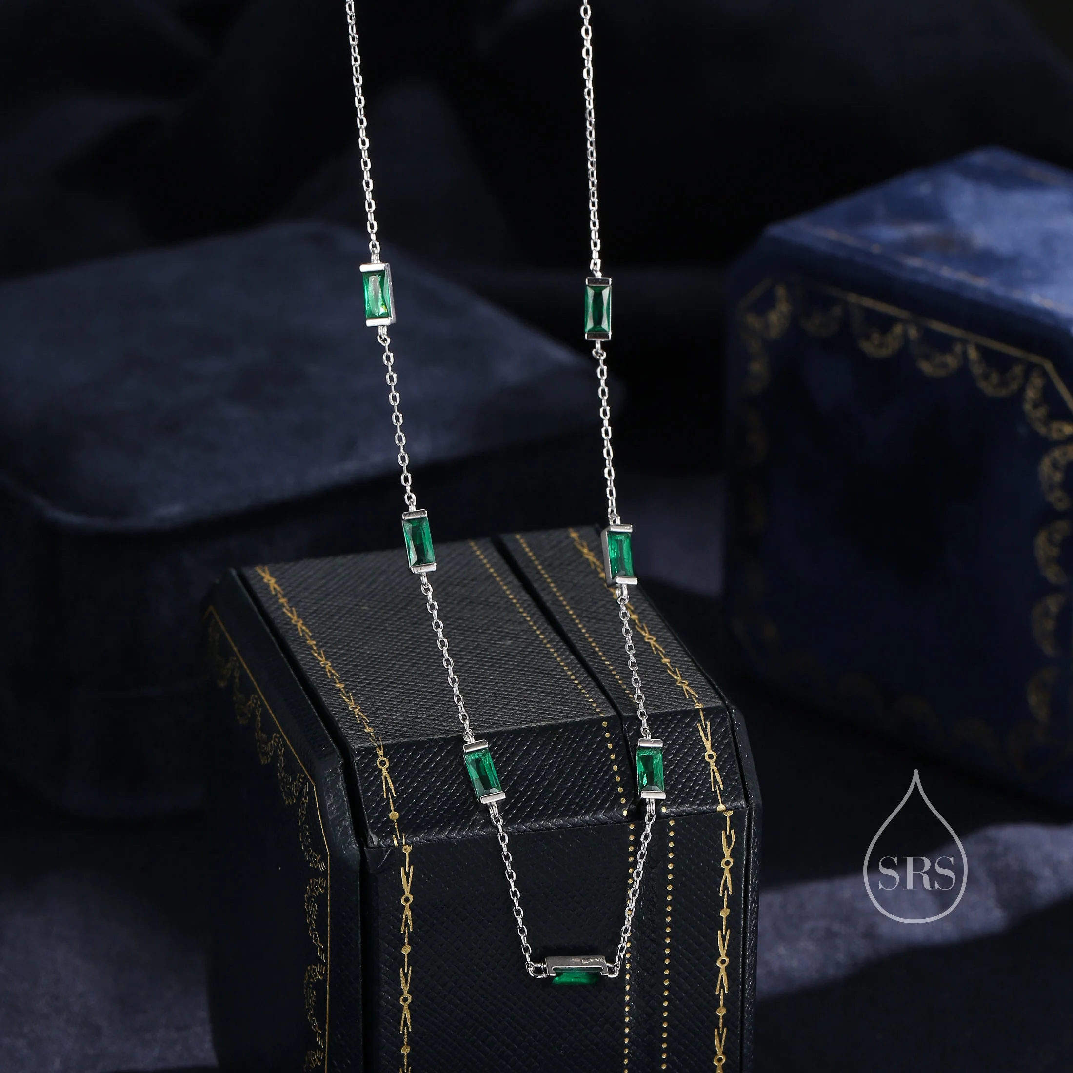 Emerald Green Baguette CZ Satellite Necklace in Sterling Silver, Silver or Gold, Sterling Silver Green CZ Baguette Chain Necklace - Image 2