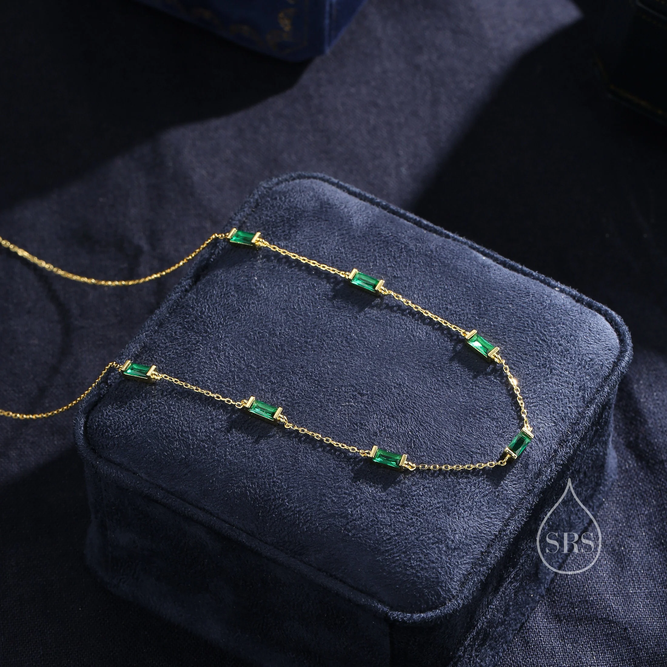 Emerald Green Baguette CZ Satellite Necklace in Sterling Silver, Silver or Gold, Sterling Silver Green CZ Baguette Chain Necklace - Image 4