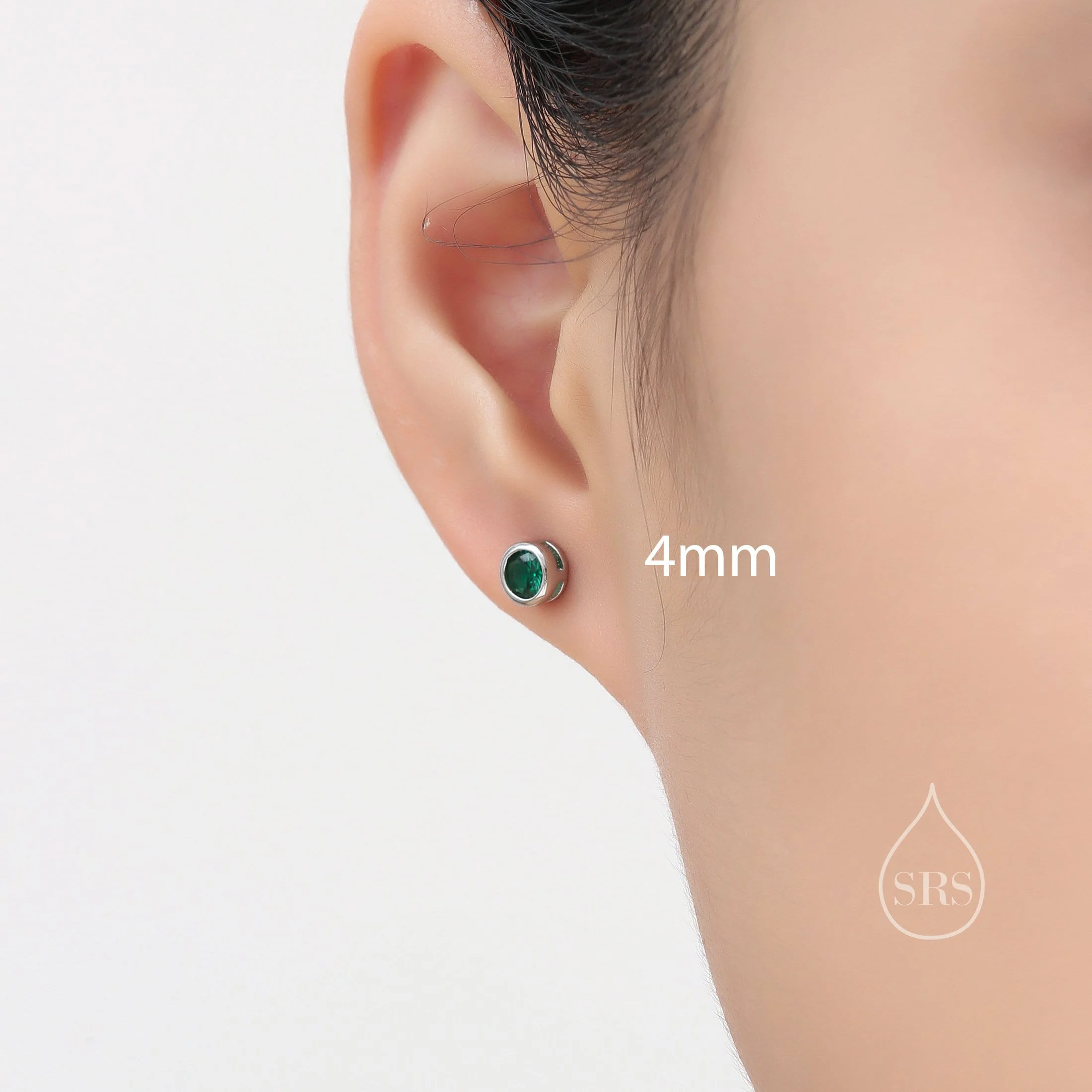 Emerald Green Bezel CZ Crystal Stud Earrings in Sterling Silver, Available in 2mm 3mm 4mm, Silver or Gold,  Brilliant Cut CZ Earrings - Image 8