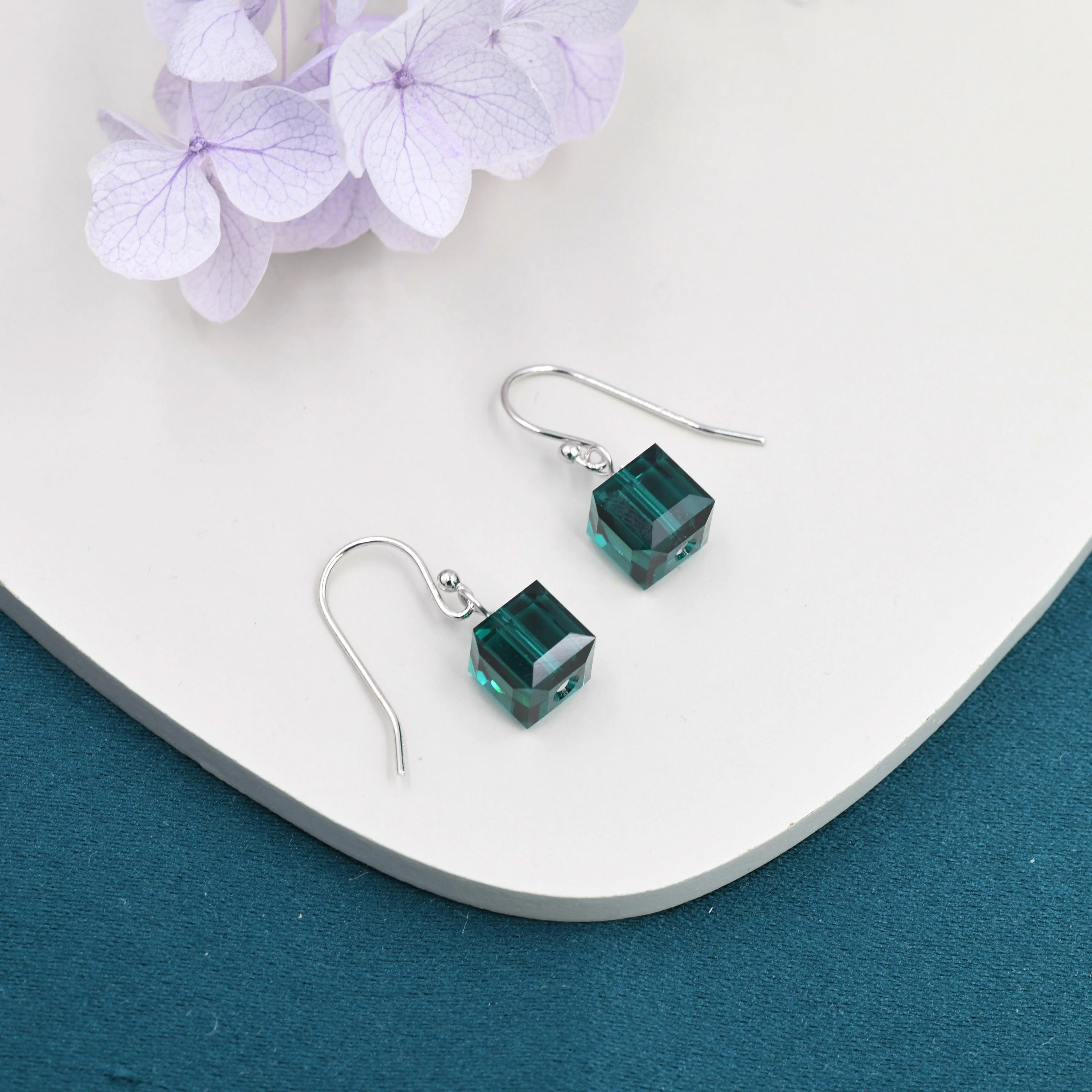 Emerald Green Crystal Cube Drop Hook Earrings in Sterling Silver, Dark Green Glass Crystal Cube Earrings, Green Square Earrings - Image 4
