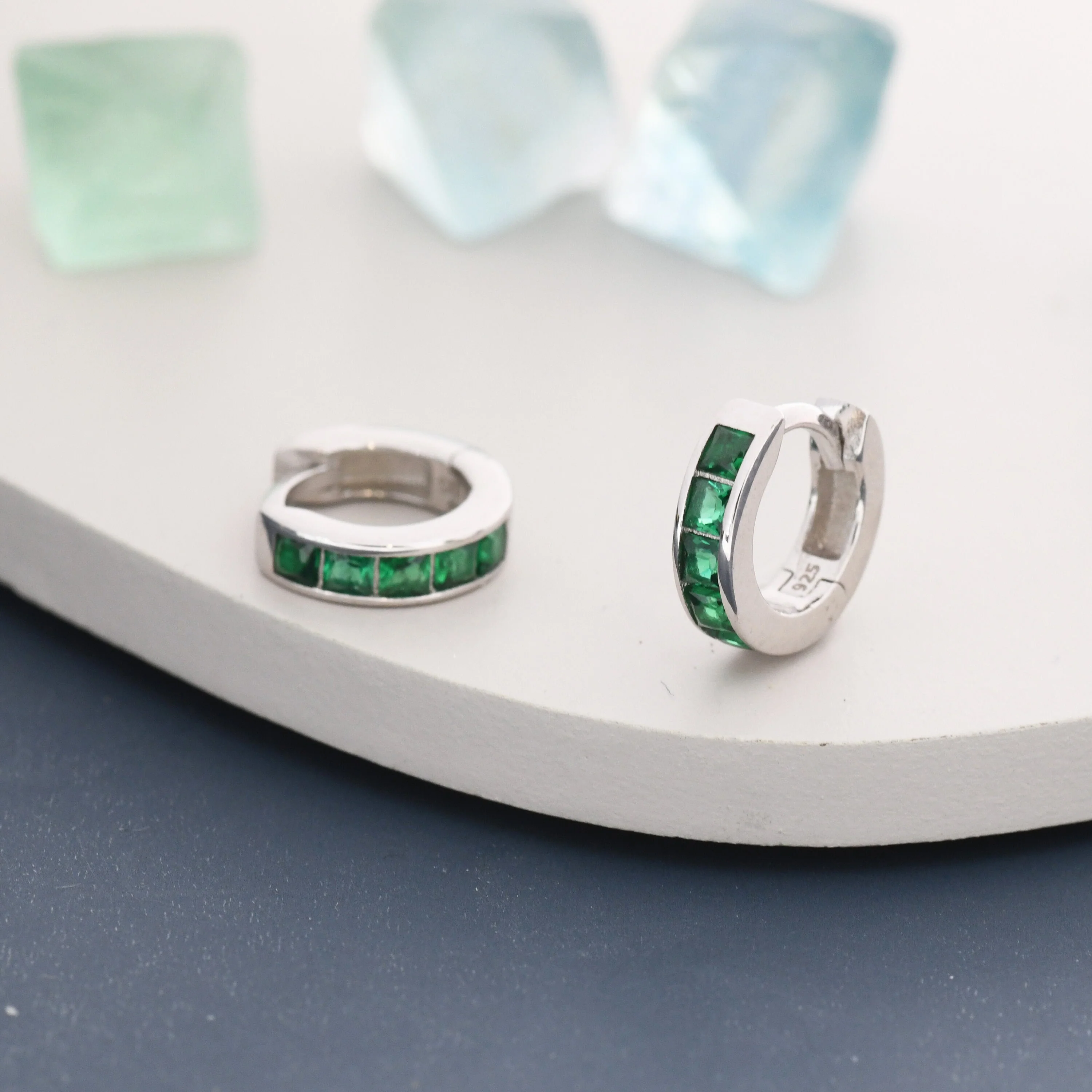 Emerald Green CZ 3mm Huggie Hoop in Sterling Silver, Silver or Gold,  7mm Inner Diameter Hoop Earrings, May Birthstone, Princess Cut - Image 3