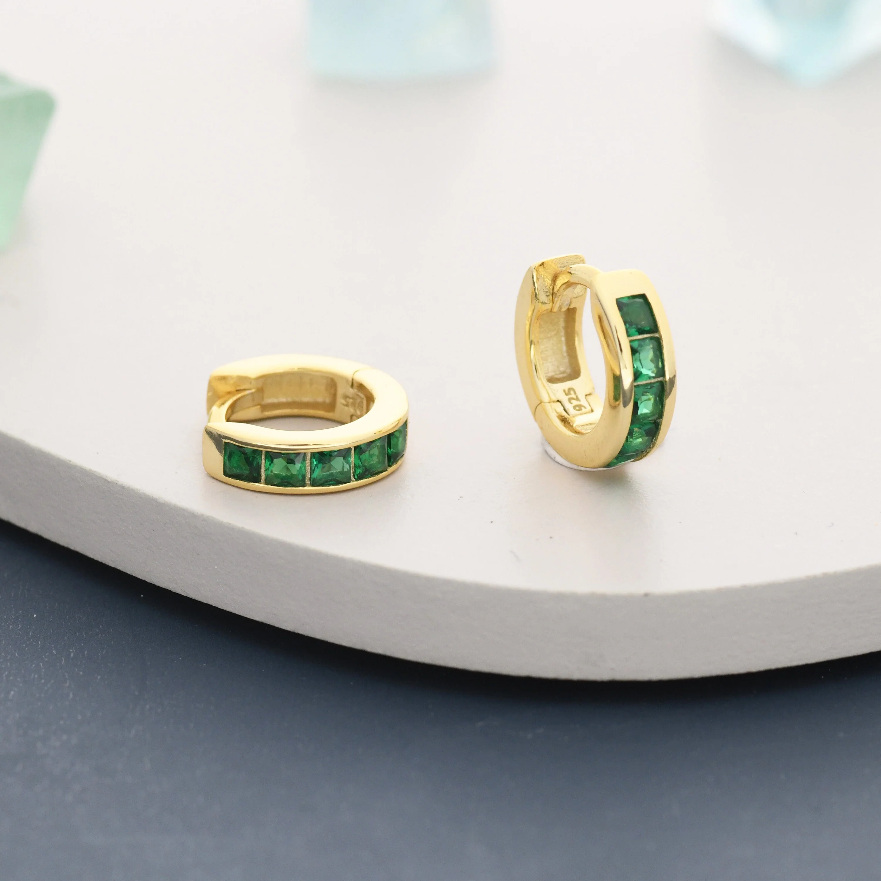 Emerald Green CZ 3mm Huggie Hoop in Sterling Silver, Silver or Gold,  7mm Inner Diameter Hoop Earrings, May Birthstone, Princess Cut - Image 4