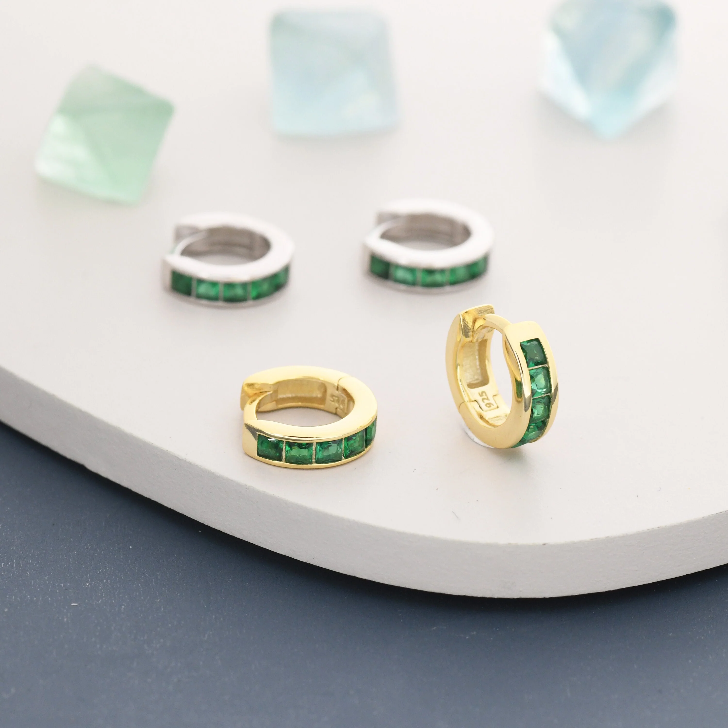 Emerald Green CZ 3mm Huggie Hoop in Sterling Silver, Silver or Gold,  7mm Inner Diameter Hoop Earrings, May Birthstone, Princess Cut - Image 5