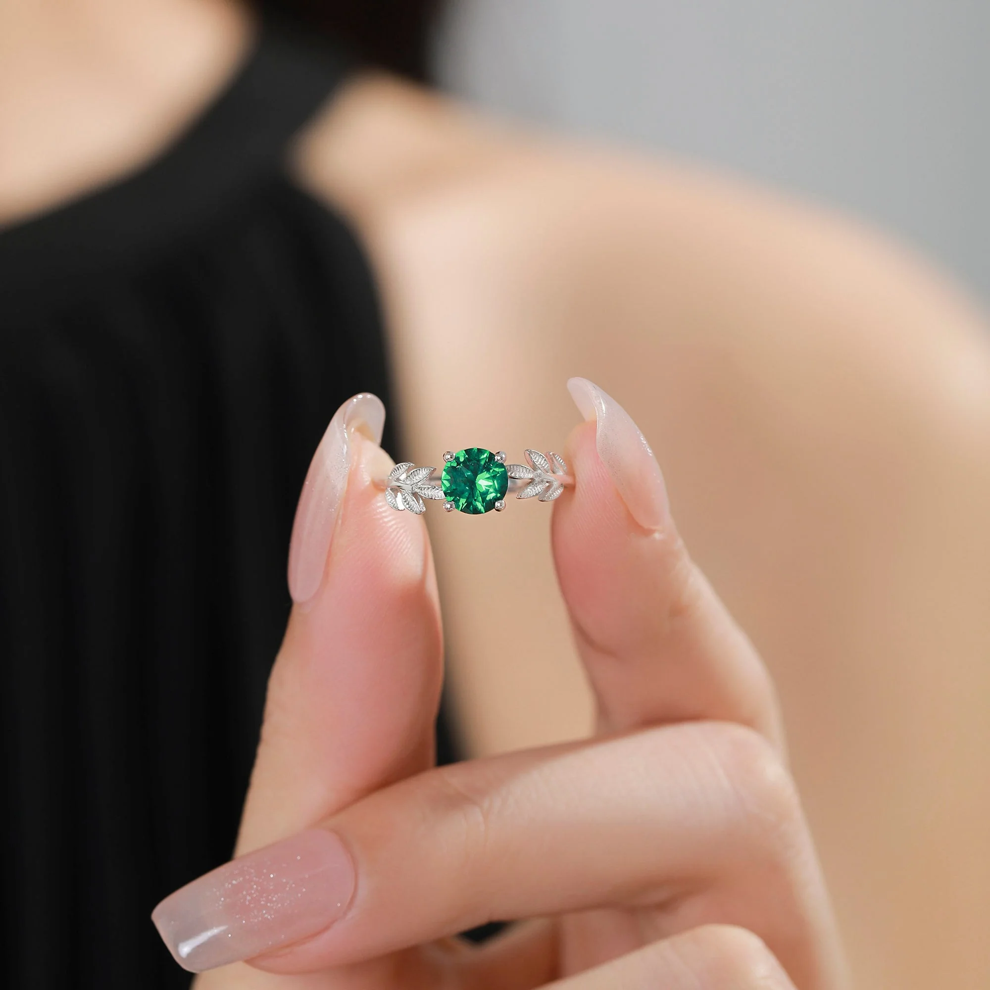Emerald Green CZ and Leaf Single Stone Ring in Sterling Silver, Adjustable Size, Botanical Jewellery, Lab Created Zircon Ring - Image 7