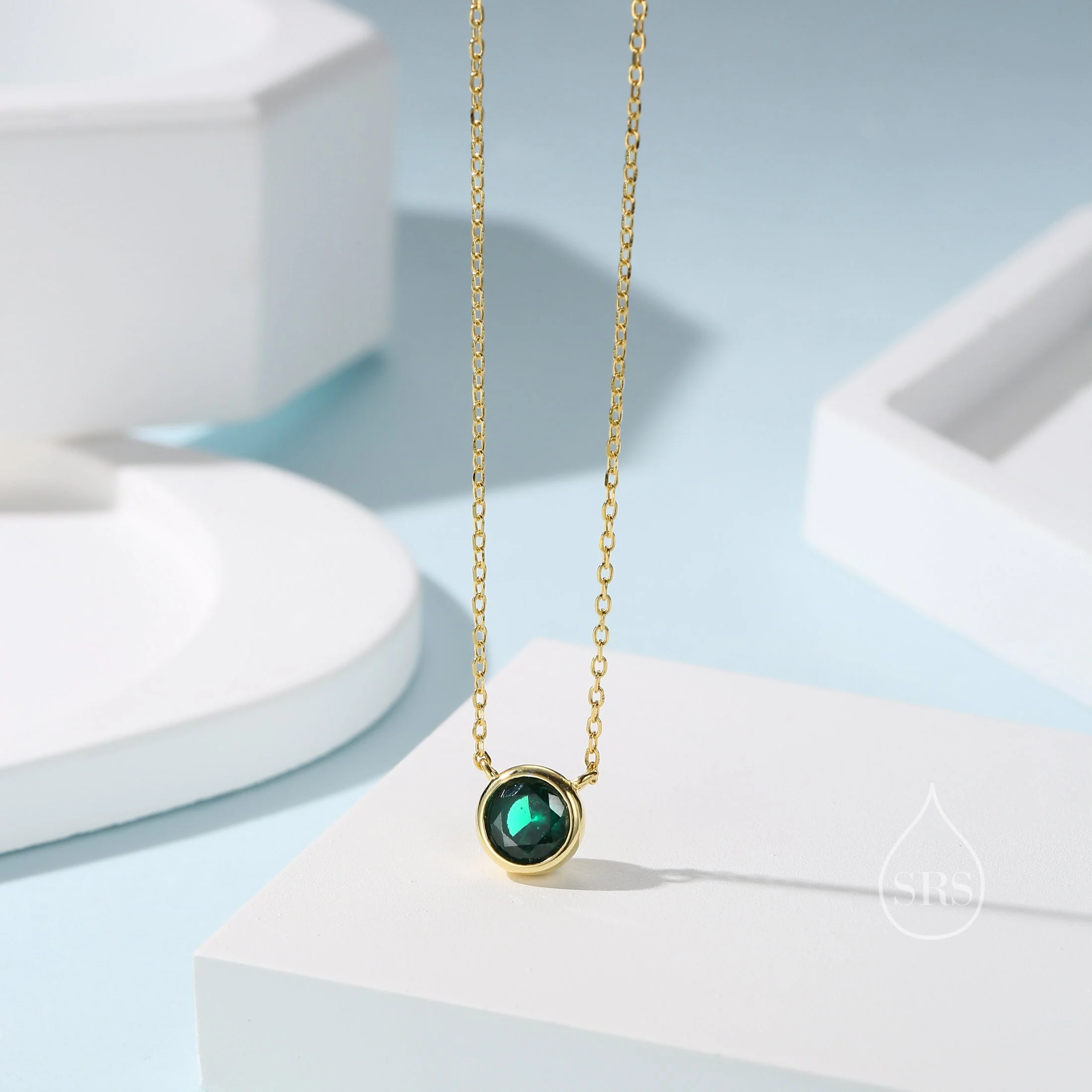 Emerald Green CZ Bezel Pendant Necklace in Sterling Silver, 6mm Emerald Green Zircon Necklace, Green Necklace - Image 4