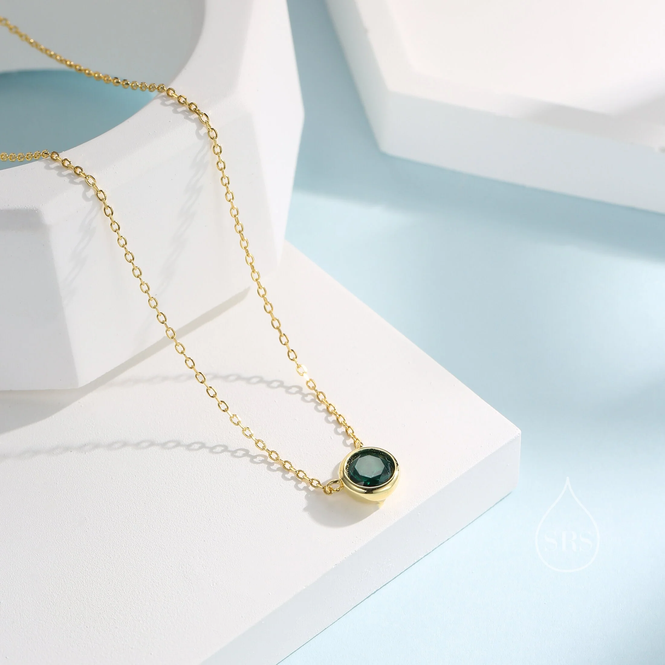 Emerald Green CZ Bezel Pendant Necklace in Sterling Silver, 6mm Emerald Green Zircon Necklace, Green Necklace - Image 5