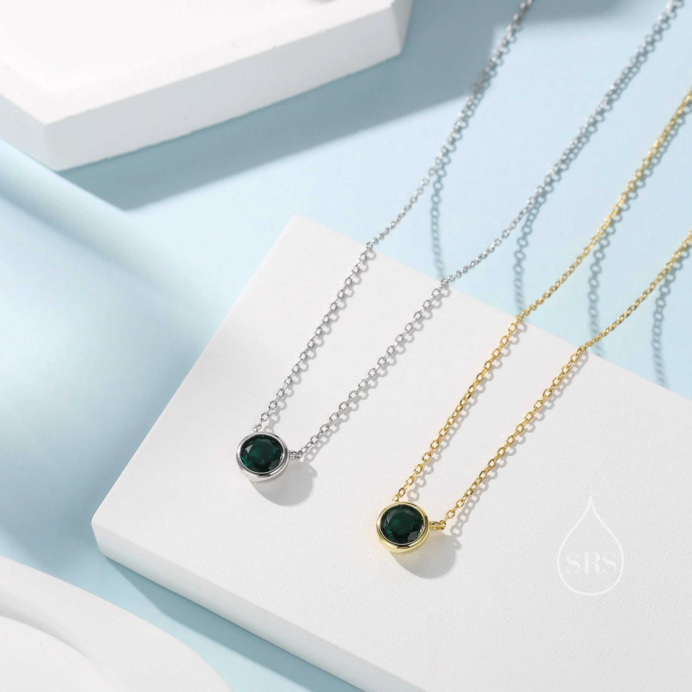 Emerald Green CZ Bezel Pendant Necklace in Sterling Silver, 6mm Emerald Green Zircon Necklace, Green Necklace - Image 7
