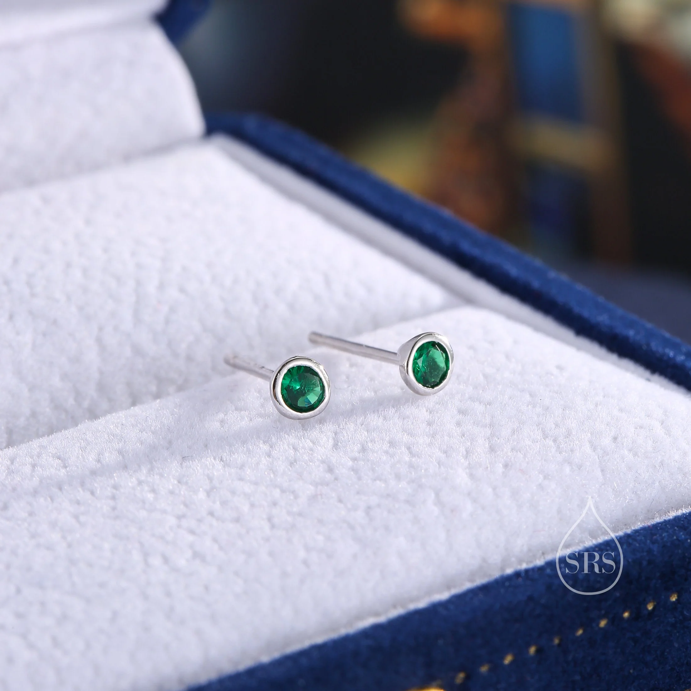 Emerald Green CZ Bezel Stud Earrings in Sterling Silver, Available in 3mm, 4mm, 5mm, Brilliant Cut CZ Earrings, Minimal CZ Stud - Image 3