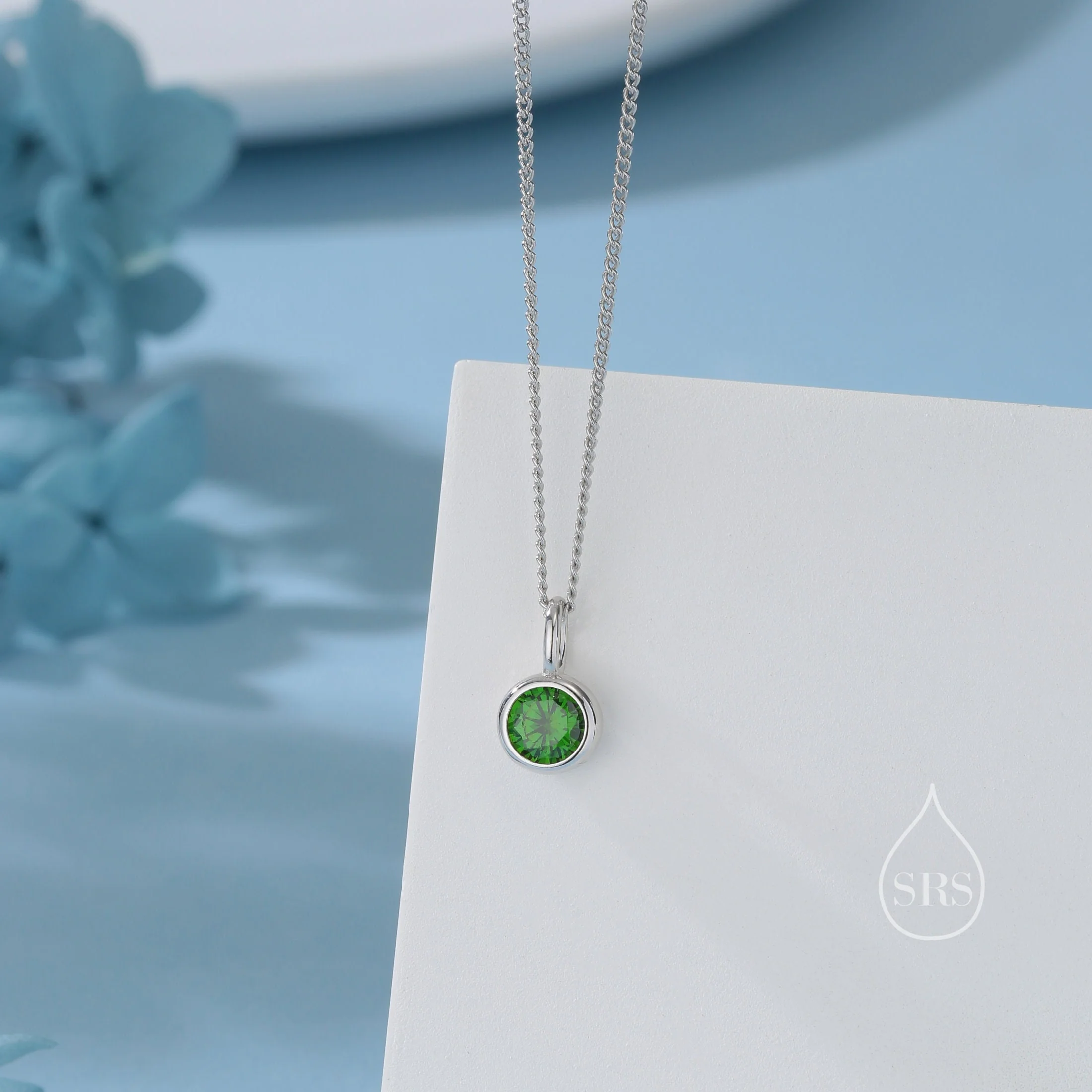 Emerald Green CZ Bubble Pendant Necklace in Sterling Silver, Silver or Gold or Rose Gold, 1 Ct Zircon Bezel Necklace, May Birthstone