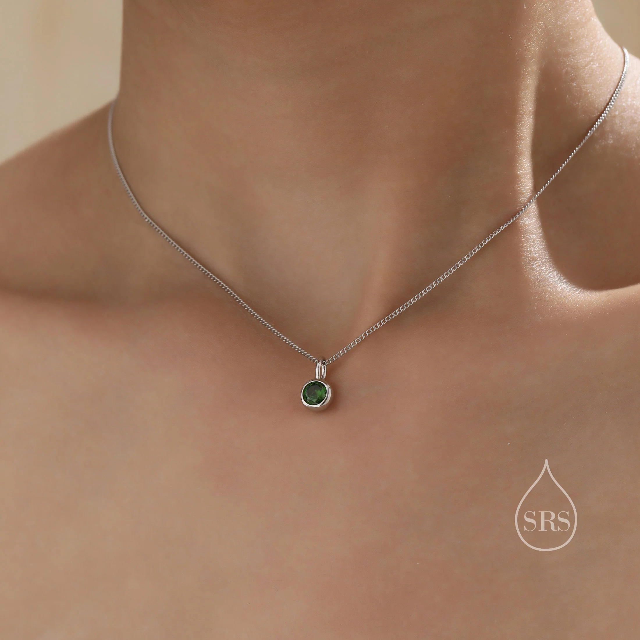 Emerald Green CZ Bubble Pendant Necklace in Sterling Silver, Silver or Gold or Rose Gold, 1 Ct Zircon Bezel Necklace, May Birthstone - Image 6
