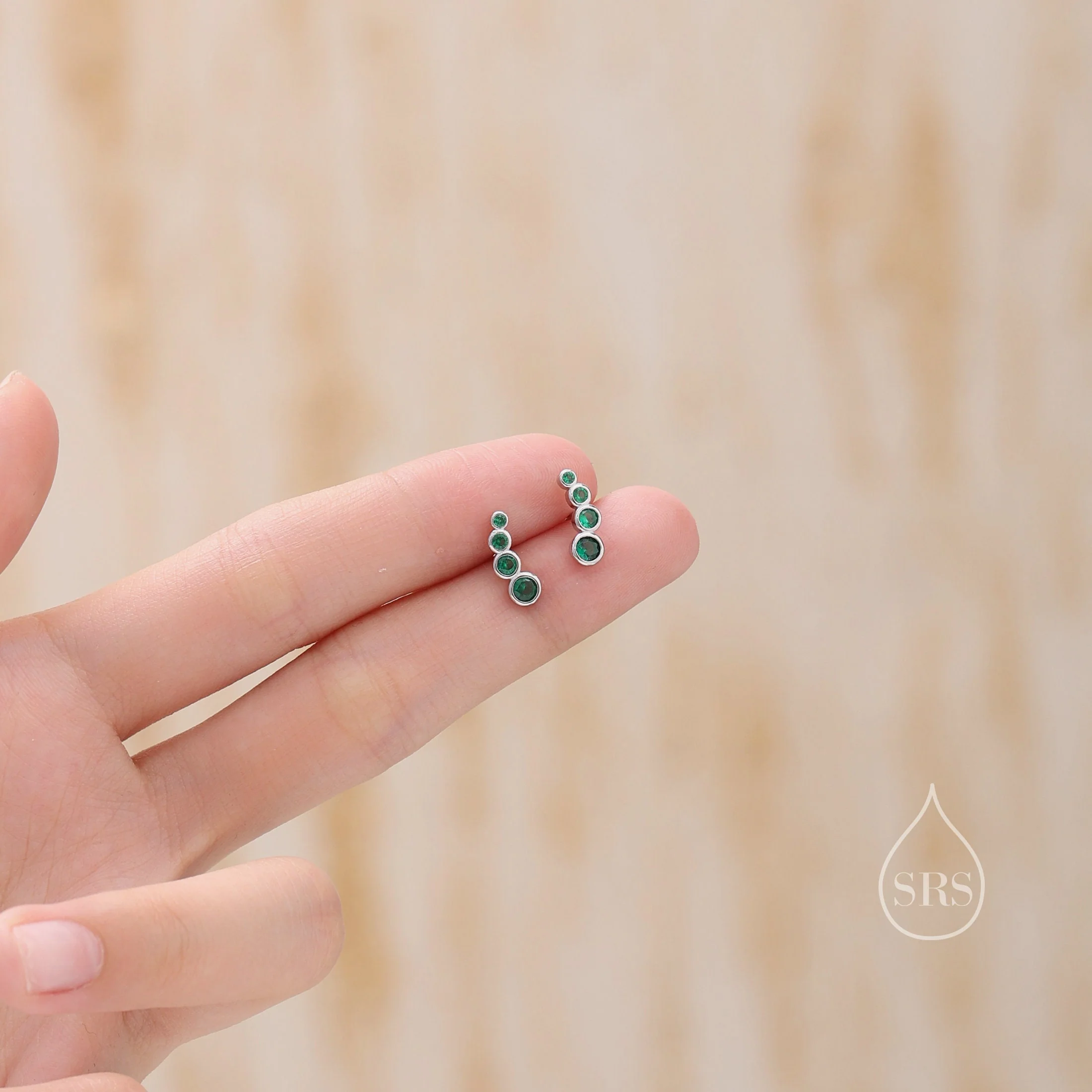 Emerald Green CZ Bubble Stud Earrings in Sterling Silver, Silver or Gold, Bezel CZ Cluster Earrings, CZ Wing Earrings, Mini Crawler - Image 3