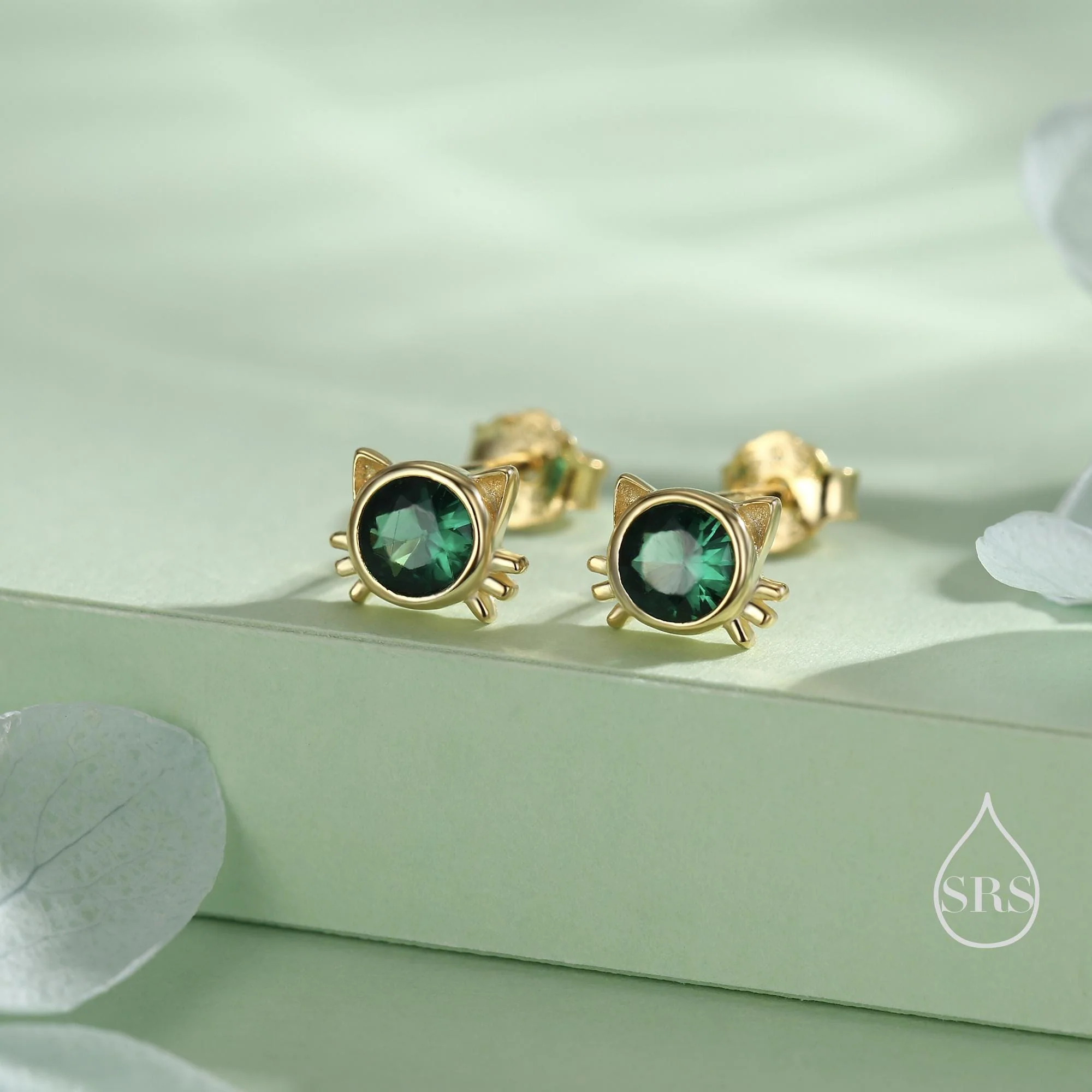 Emerald Green CZ Cat Stud Earrings in Sterling Silver, Silver or Gold, Cat Earrings, May Birthstone, Nature Inspired Animal Earrings - Image 4