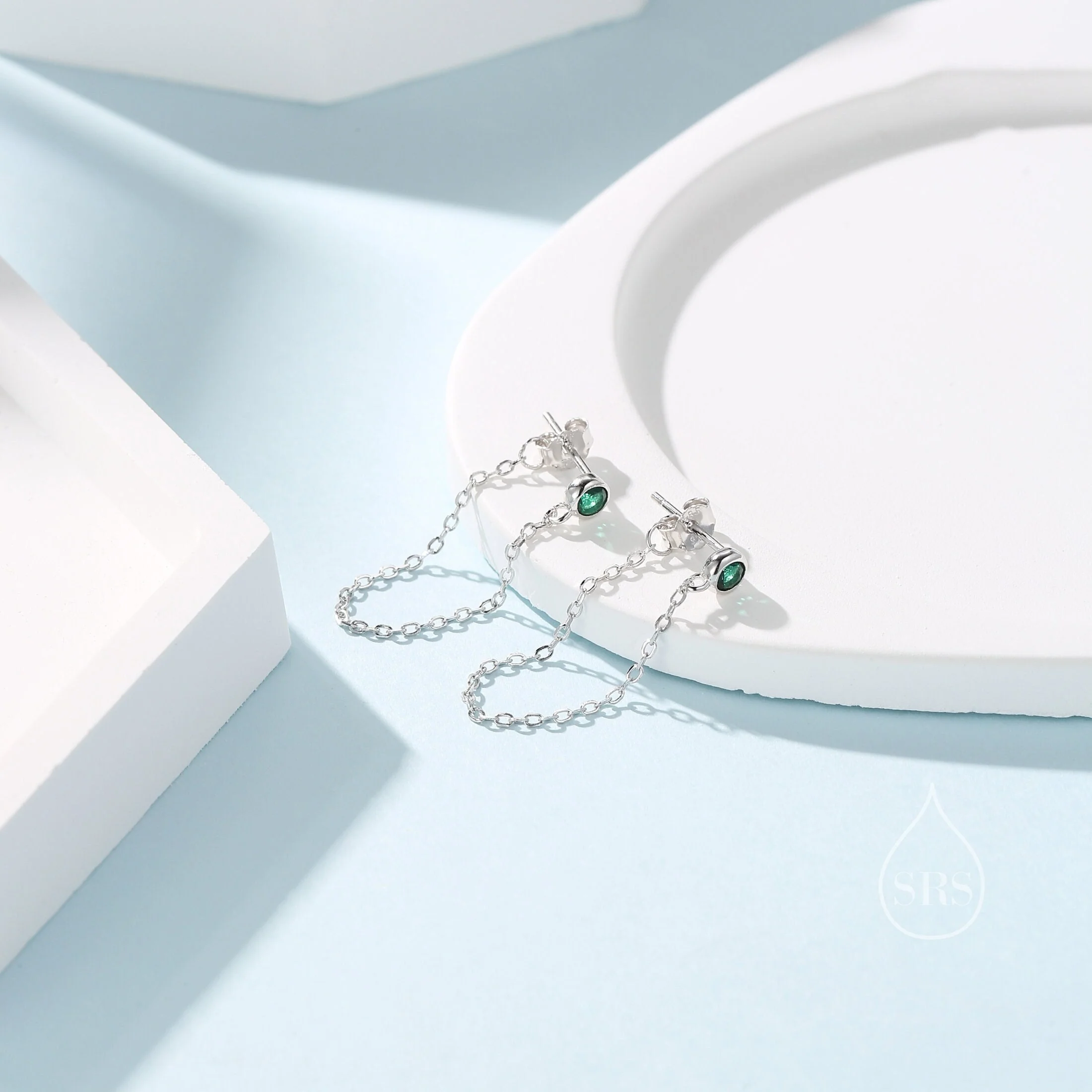 Emerald Green CZ Chain Ear Jacket in Sterling Silver, Silver or Gold, Front and Back Earrings, Two Part Earrings, Linking Chain Earrings - Image 3