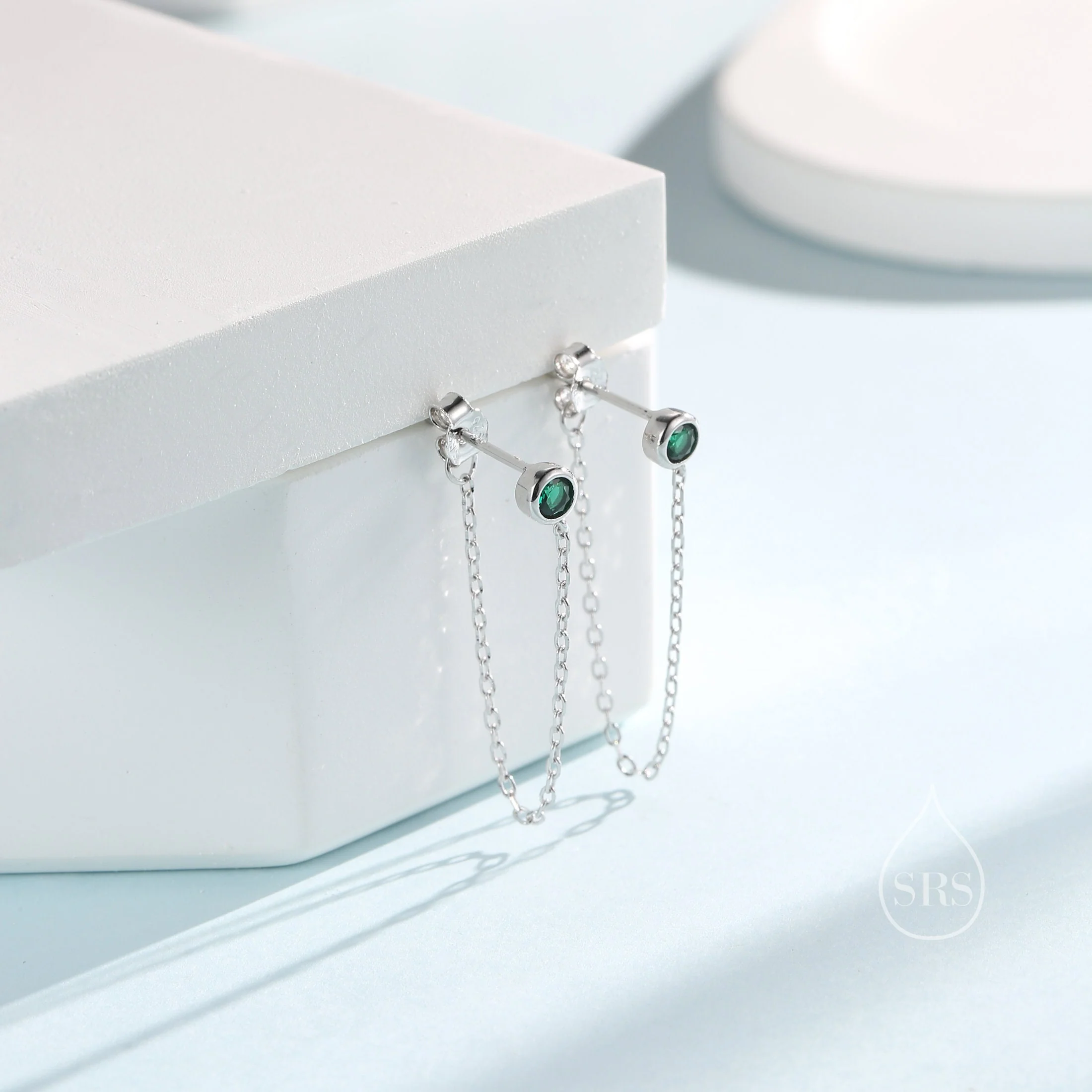 Emerald Green CZ Chain Ear Jacket in Sterling Silver, Silver or Gold, Front and Back Earrings, Two Part Earrings, Linking Chain Earrings - Image 6