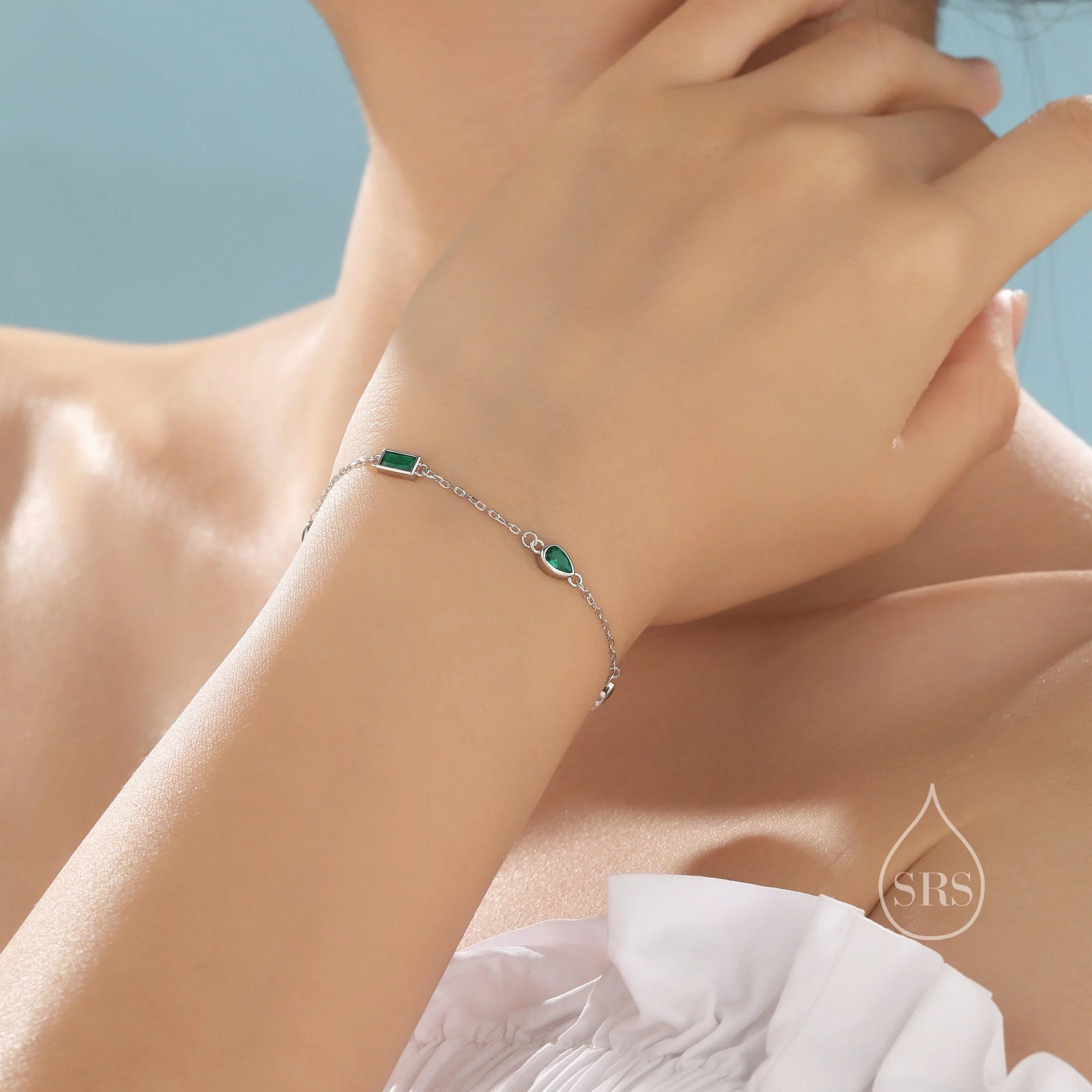 Emerald Green CZ Cluster Bracelet in Sterling Silver, Silver or Gold, Silver Green CZ Pear Cut Bracelet, Green CZ Cluster Bracelet - Image 3