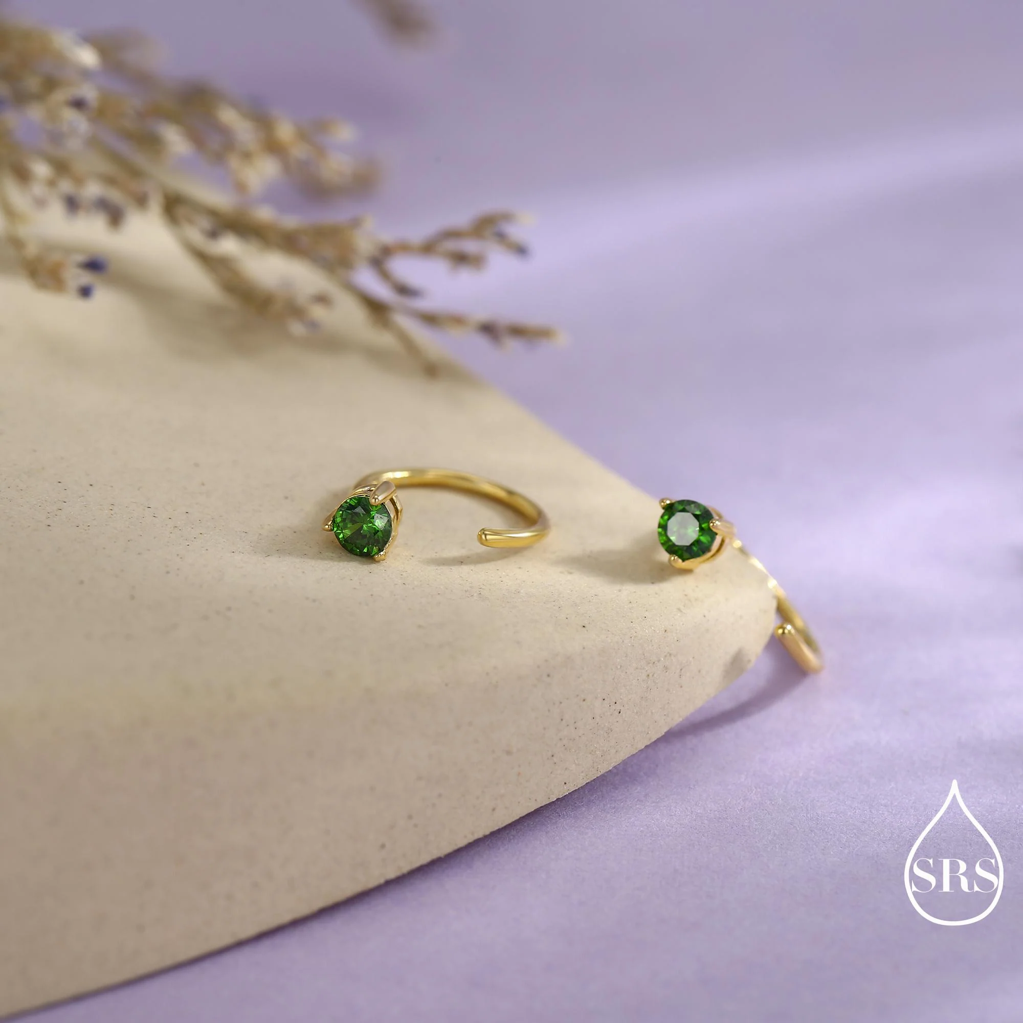 Emerald Green CZ Crystal Huggie Hoop Threader Earrings in Sterling Silver, 3mm Three Prong, Gold or Silver, Pull Through Open Hoops - Image 9