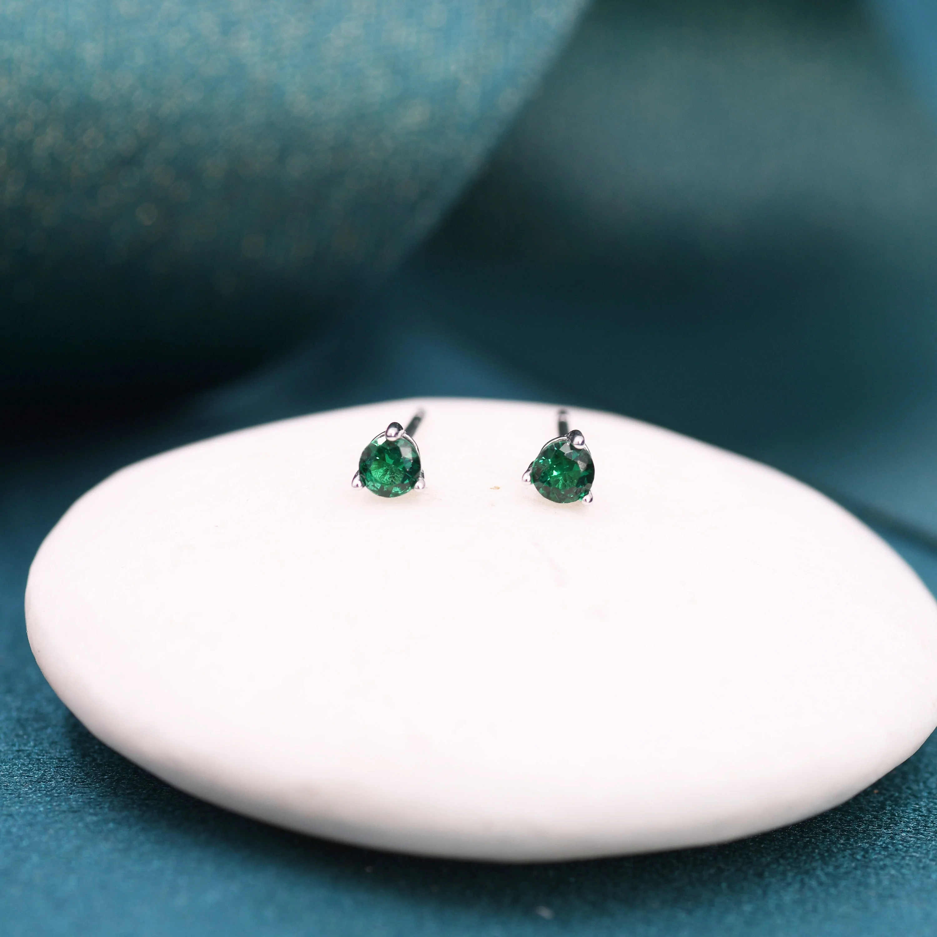 Emerald Green CZ Crystal Stud Earrings in Sterling Silver, 3mm Three Prong, Gold or Silver, Tiny Stud - Image 5