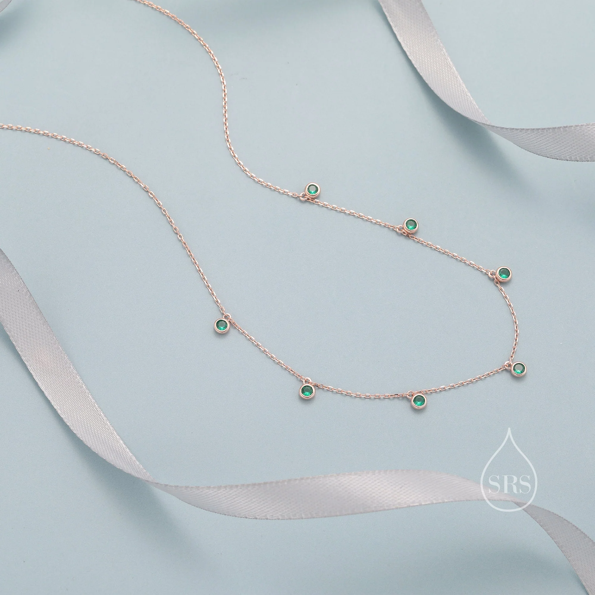 Emerald Green CZ Dangle Necklace in Sterling Silver, Silver or Gold or Rose Gold, Satellite Crystal Necklace, Solid Silver Motif Necklace - Image 3